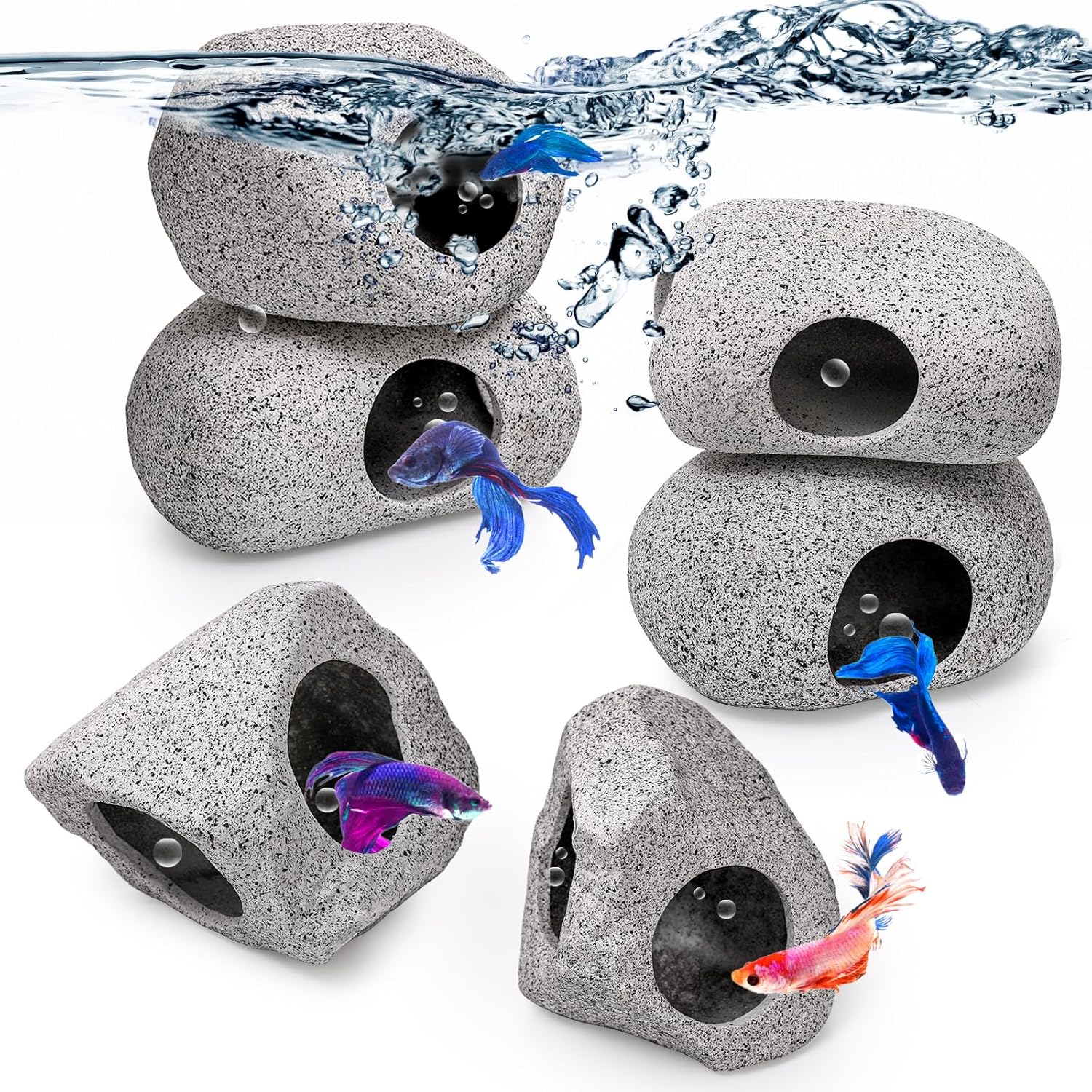 6 Pack Aquarium Decoration Rock Caves, Betta Fish Tank Hideaway, Hideout Stones House Decor for Cichlid Shrimp Territorial Hiding Breeding Spawning, Ornaments - Image 1
