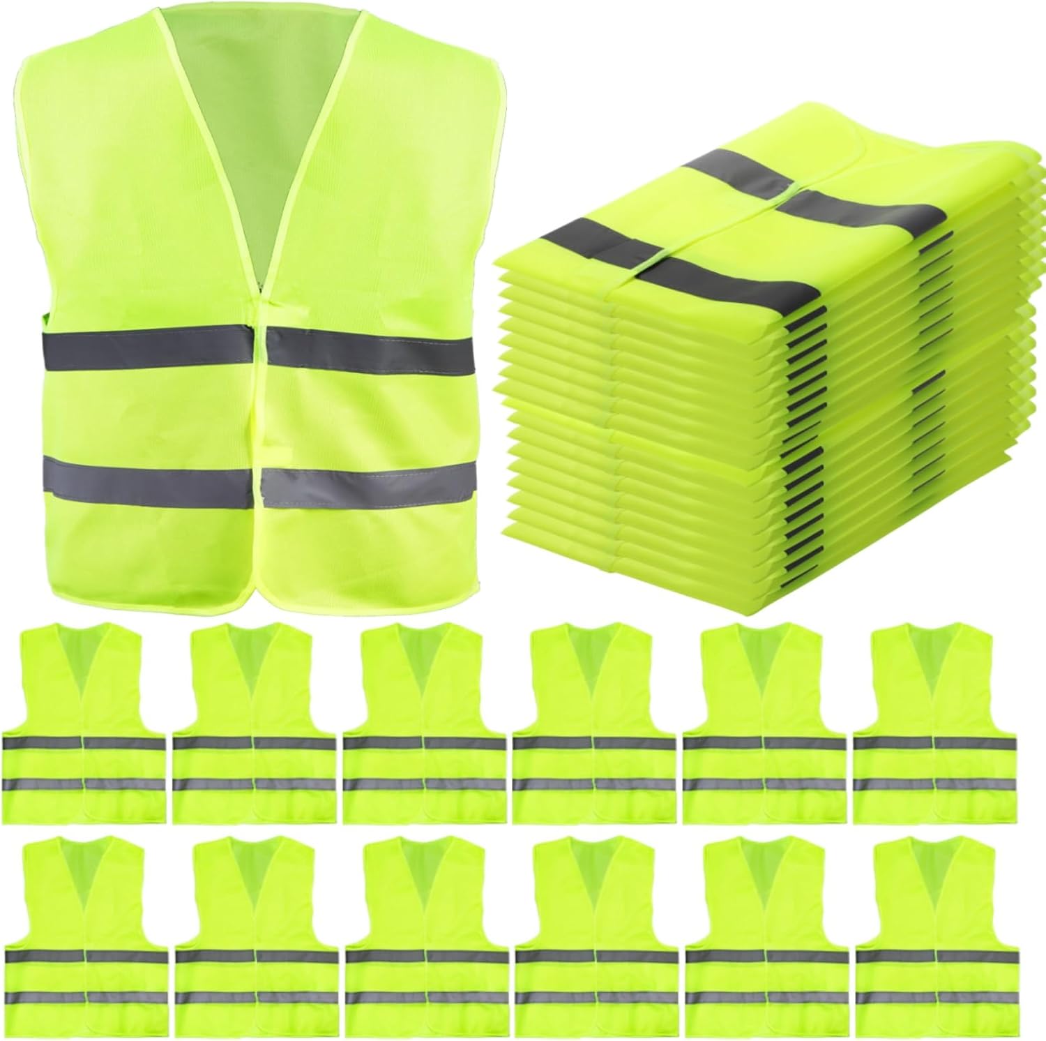 12 Pack High Visibility Safety Vests, Mesh Security Vest with 2 Reflective Silver Strips, Construction Work Bulk for Men Women Traffic Emergency Running Cycling, Fluorescent Green - Image 1