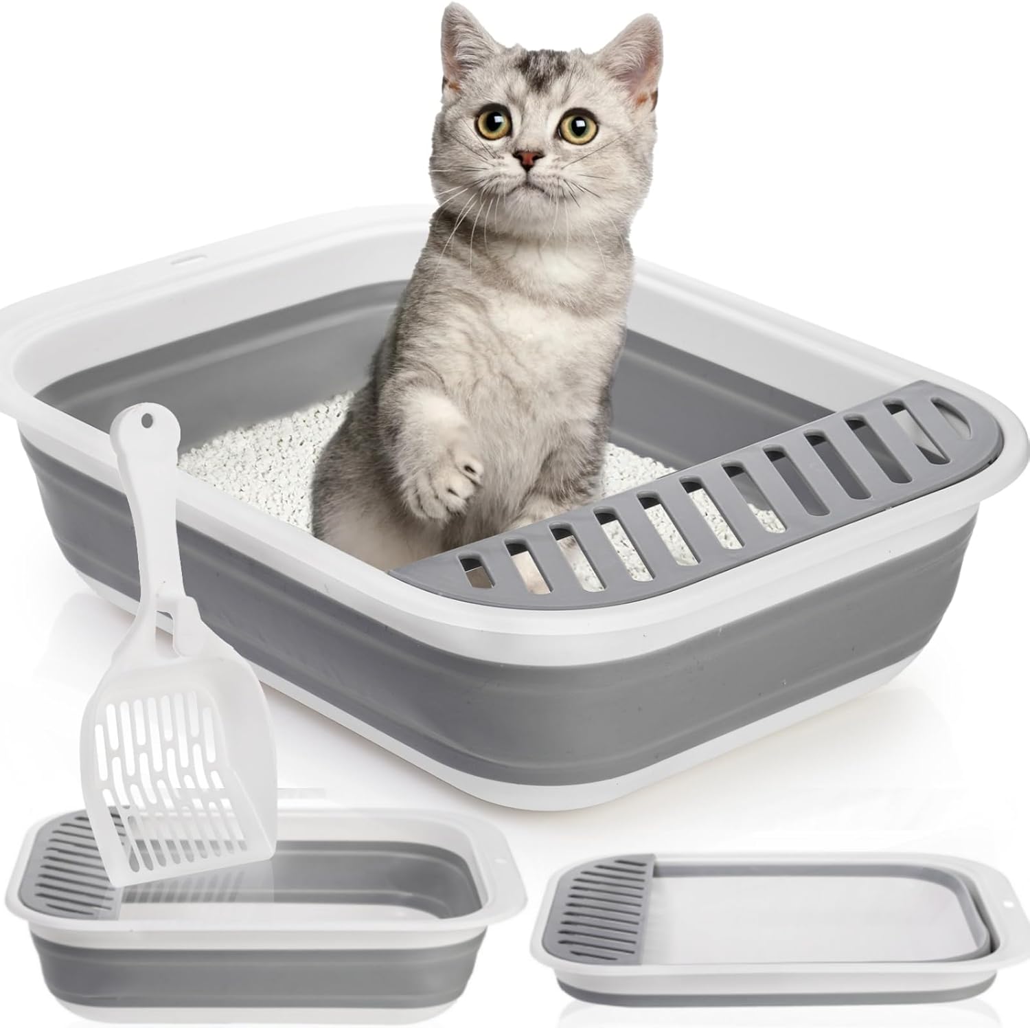Collapsible Small Cat Litter Box, 17.7'' Open Foldable Kittens Potty with Scoop, Shallow Anti Splash Travel Toilet, Semi Enclosed Height Adjustable Sides Pan for Sick Frail Grey - Image 1