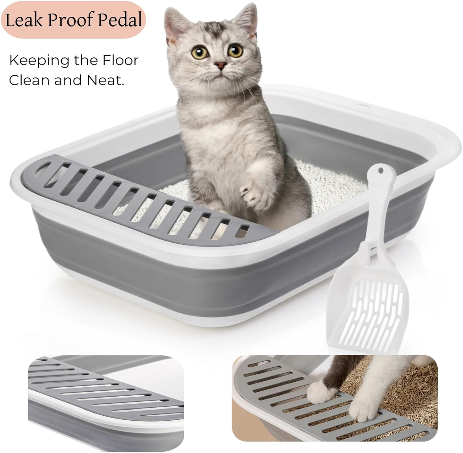 Collapsible Small Cat Litter Box, 17.7'' Open Foldable Kittens Potty with Scoop, Shallow Anti Splash Travel Toilet, Semi Enclosed Height Adjustable Sides Pan for Sick Frail Grey - Image 4