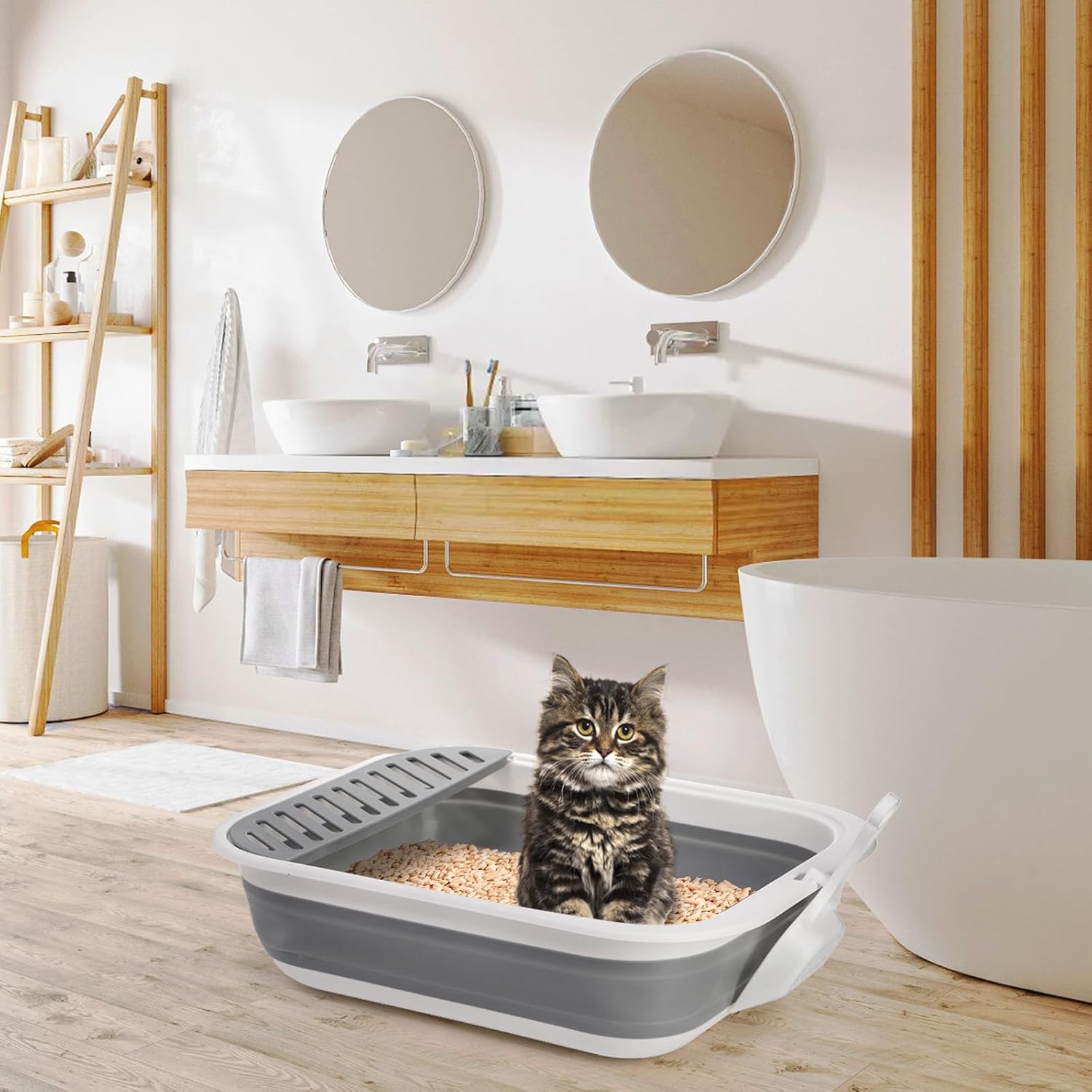 Collapsible Small Cat Litter Box, 17.7'' Open Foldable Kittens Potty with Scoop, Shallow Anti Splash Travel Toilet, Semi Enclosed Height Adjustable Sides Pan for Sick Frail Grey - Image 6