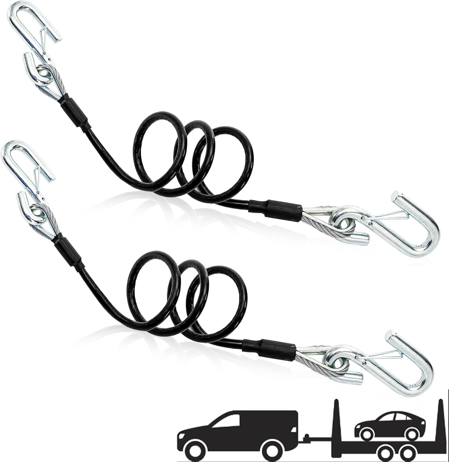 2 Packs 44-1/2'' Trailer Safety Cables, Vinyl-Coated Coiled Towing Chain, 7/16'' Snap Hooks with Latch for Boat, 5,000 lbs Break Strength - Image 1