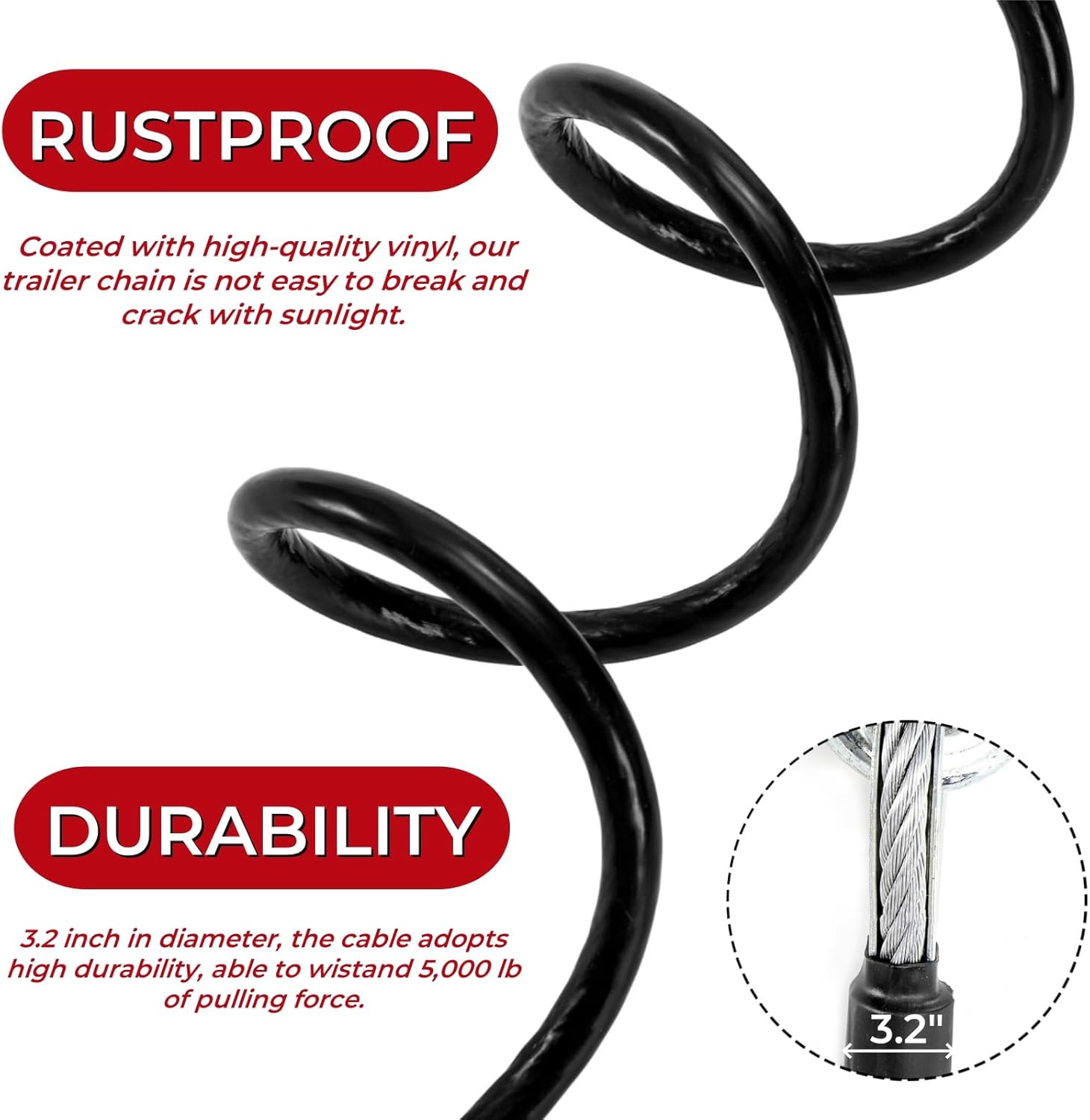 2 Packs 44-1/2'' Trailer Safety Cables, Vinyl-Coated Coiled Towing Chain, 7/16'' Snap Hooks with Latch for Boat, 5,000 lbs Break Strength - Image 3
