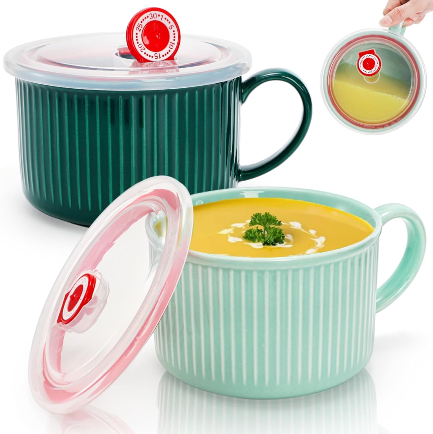 2 Packs Ceramic Soup Bowls with Handles, 32 OZ Microwave Safe Mug Vented Lid, Leak-proof French Onion Bowls, Large Crocks for Ramen, Noodle, Cereal - Image 1