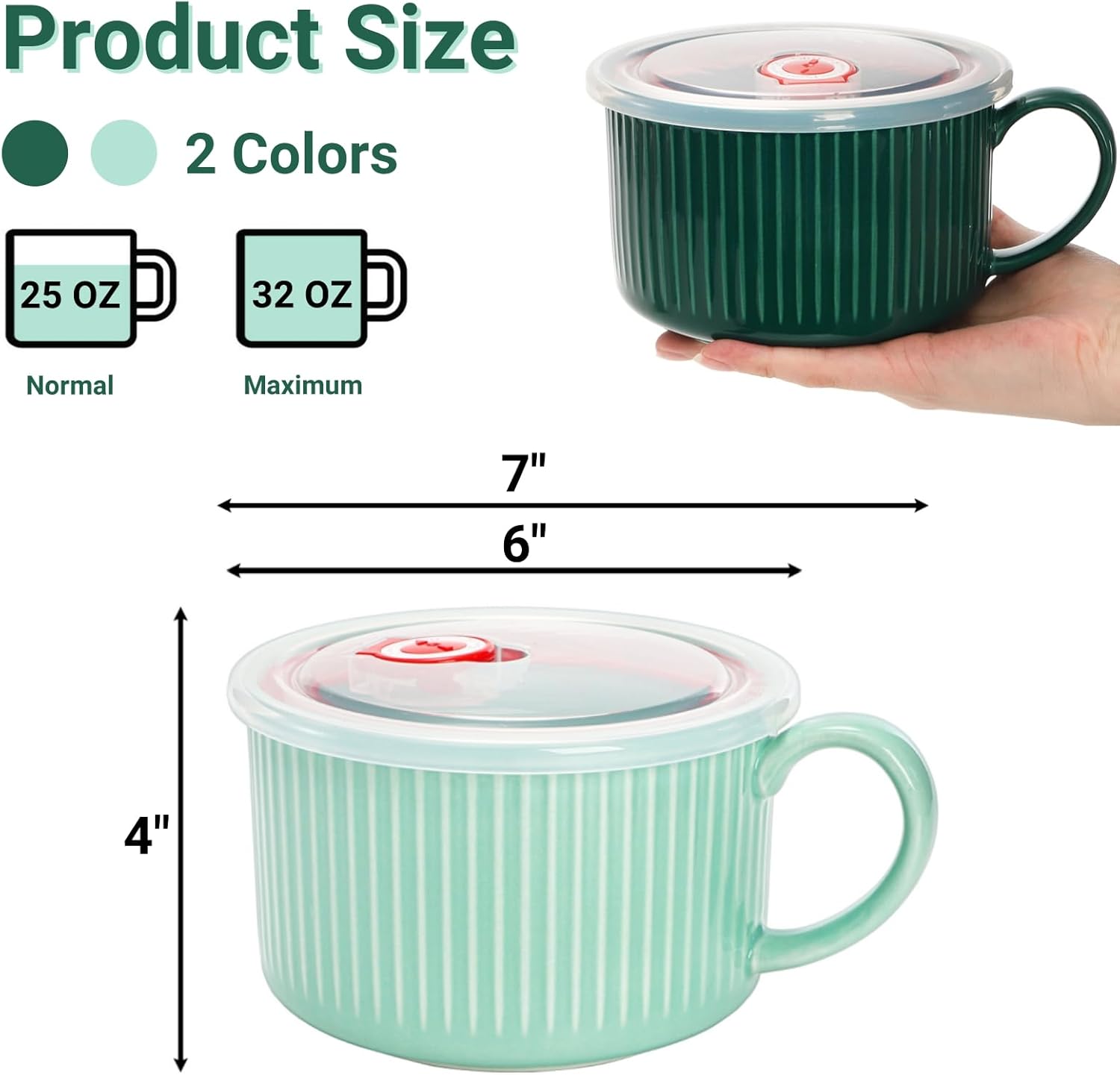 2 Packs Ceramic Soup Bowls with Handles, 32 OZ Microwave Safe Mug Vented Lid, Leak-proof French Onion Bowls, Large Crocks for Ramen, Noodle, Cereal - Image 2