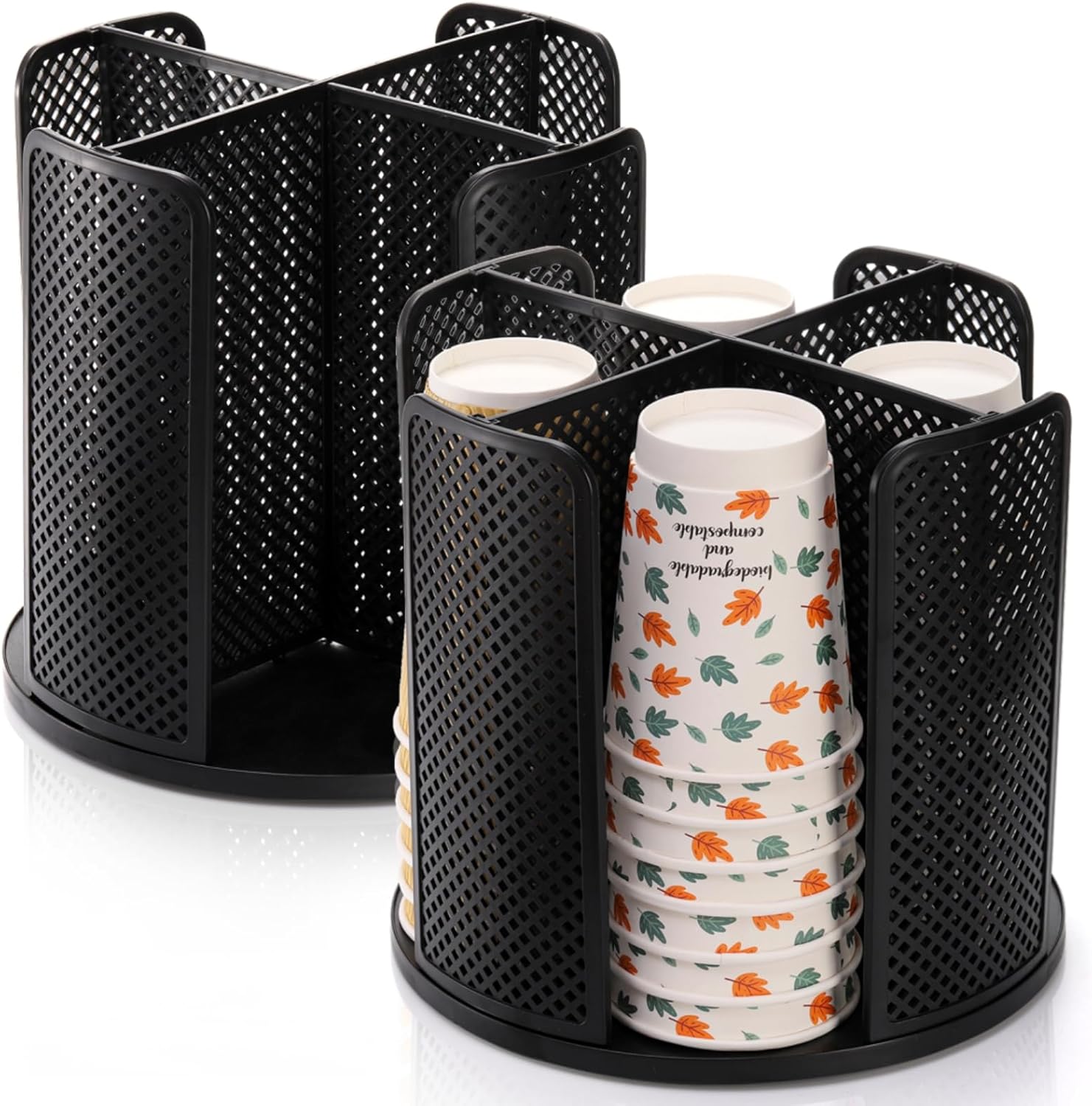 2 Pack Coffee Cup Dispenser, Rotatable 4 Compartment and Lid Holder, Plastic Paper Storage Organizer for Office Restaurant Breakroom Station Bar Buffet Kitchen Countertop - Image 1