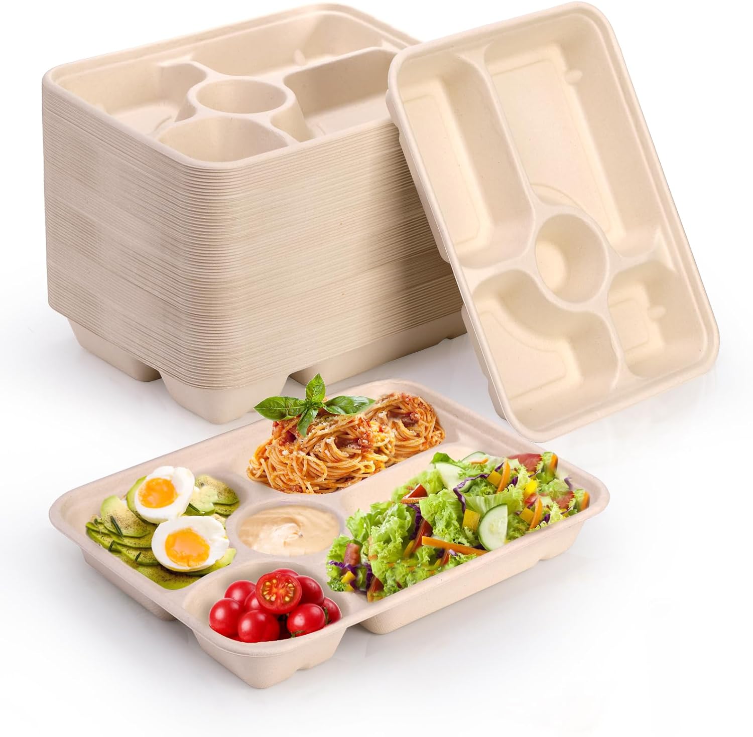 50 Pack 5 Compartment Disposable Paper Plates, 11