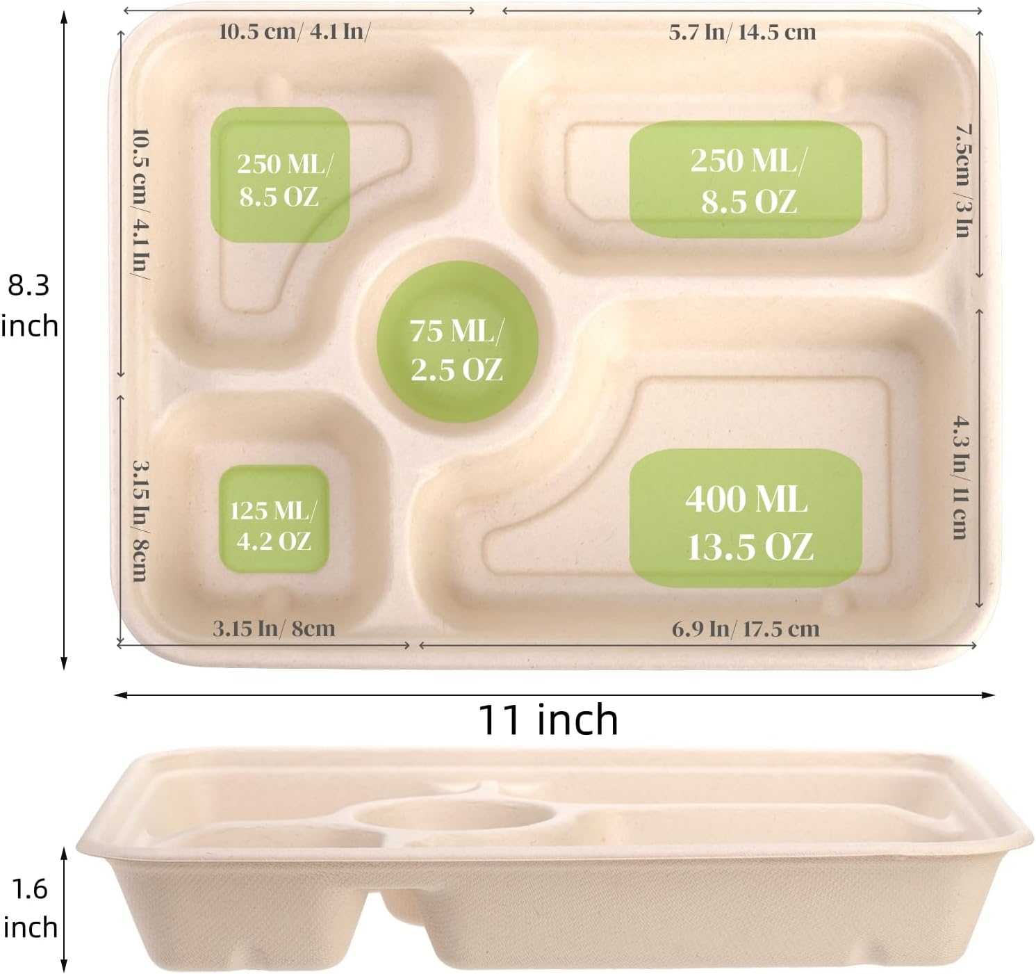 50 Pack 5 Compartment Disposable Paper Plates, 11