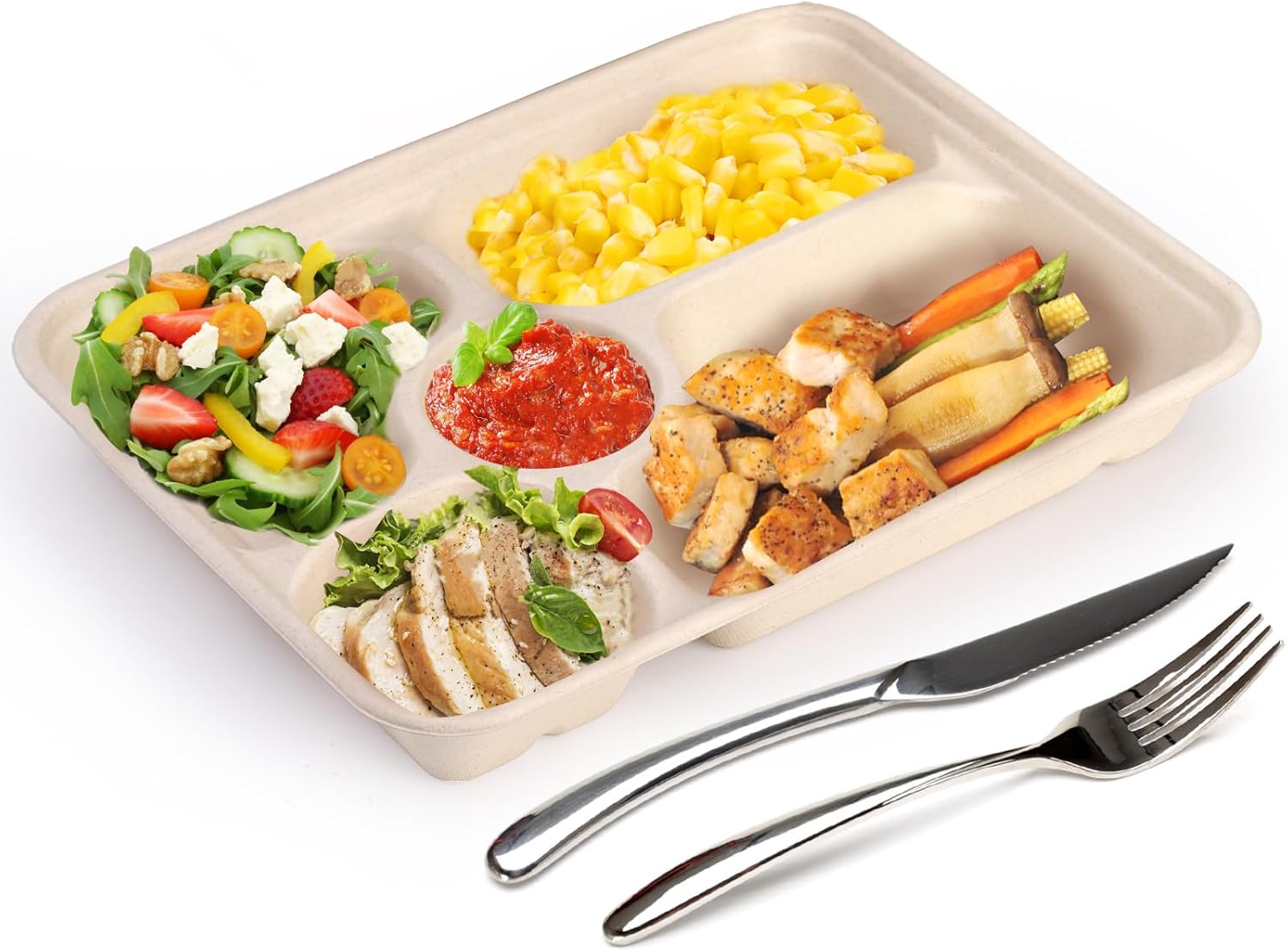 50 Pack 5 Compartment Disposable Paper Plates, 11