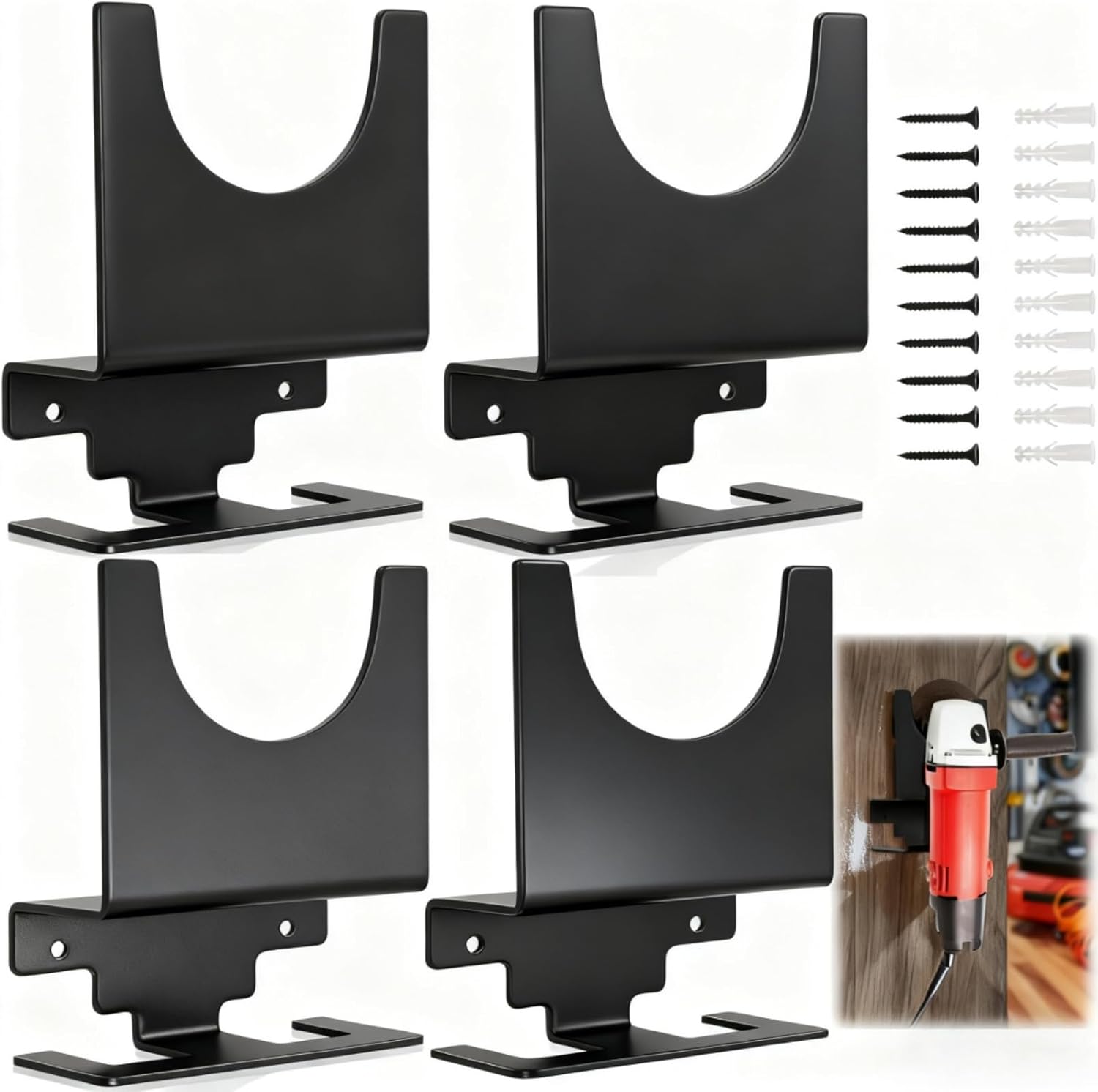 4 Pack Angle Grinder Holder, Wall Mount Bracket for 5 inch Grinder, Polisher Storage Rack Stand with Cord Hook, Garage Tool Hanger Grinders Impact Wrench Cutters Waxing Machines - Image 1
