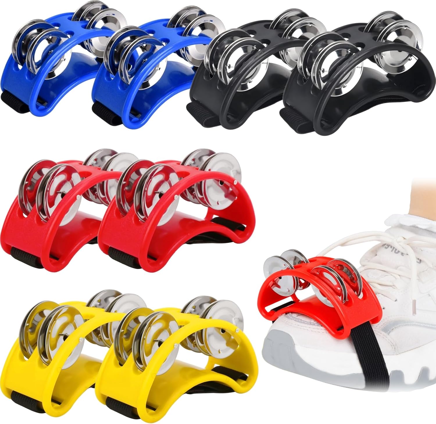 8 Packs Foot Tambourine for Adult, Drums with Elastic Strap, Percussion Shakers Steel Jingle Bells, Musical Instrument Guitar Cajon Banjo Playing - Image 1