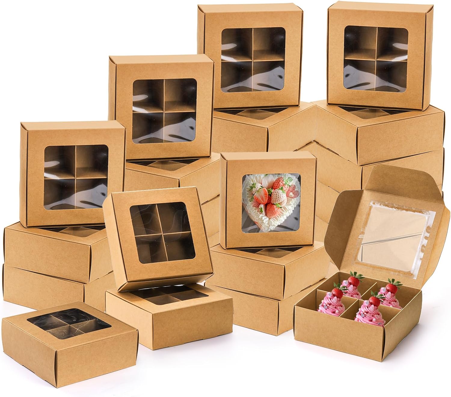 40 Pack Brown Bakery Boxes with Window and Dividers, 6 x Inch Mini Pastry 4 Compartments, Kraft Treats Gift Inserts, Cupcake Packaging Containers for Pastries Biscuits - Image 1