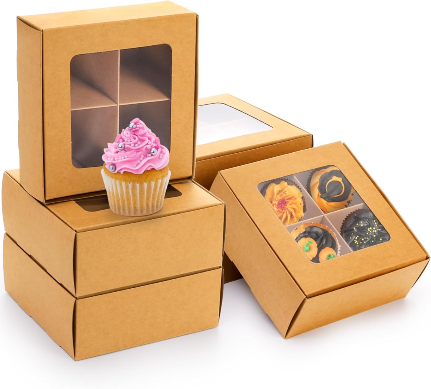 40 Pack Brown Bakery Boxes with Window and Dividers, 6 x Inch Mini Pastry 4 Compartments, Kraft Treats Gift Inserts, Cupcake Packaging Containers for Pastries Biscuits - Image 4