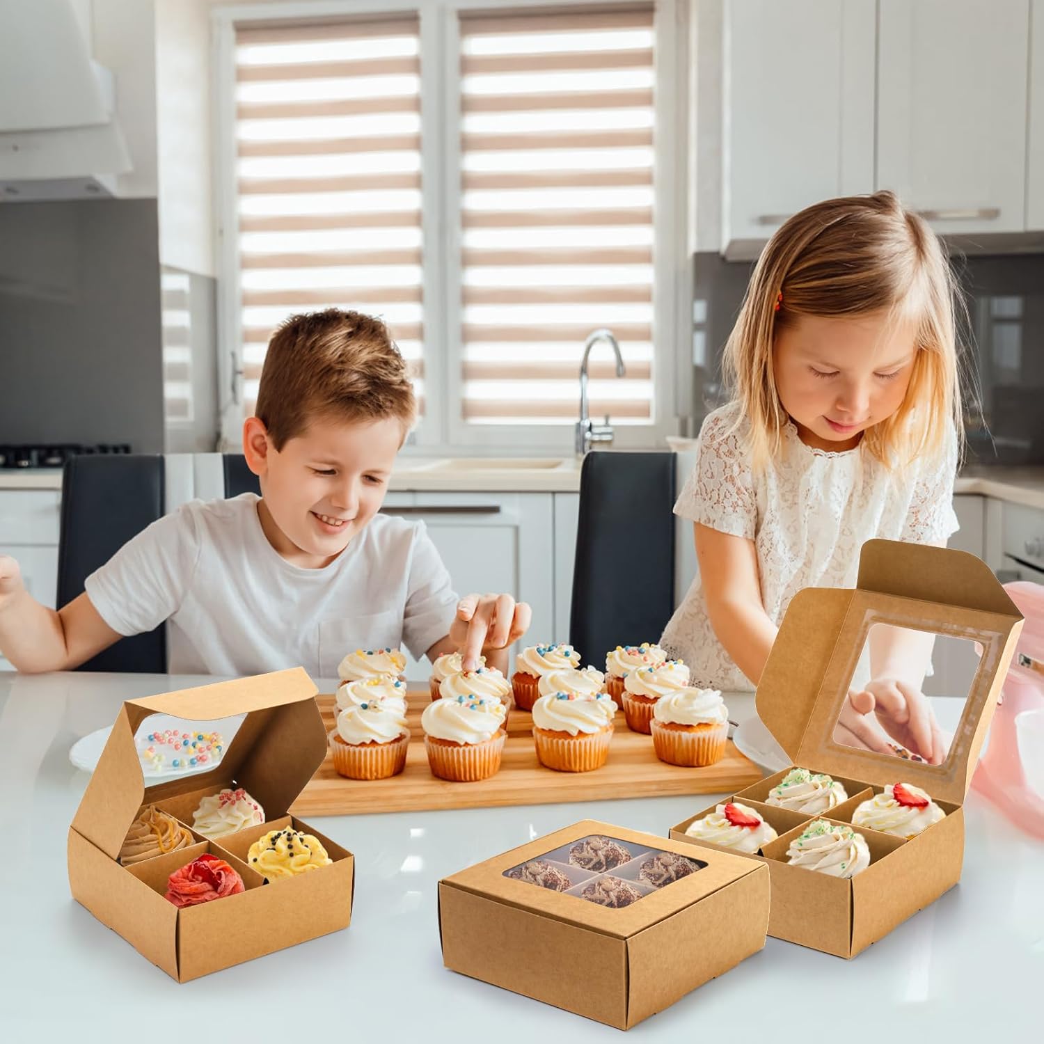 40 Pack Brown Bakery Boxes with Window and Dividers, 6 x Inch Mini Pastry 4 Compartments, Kraft Treats Gift Inserts, Cupcake Packaging Containers for Pastries Biscuits - Image 6