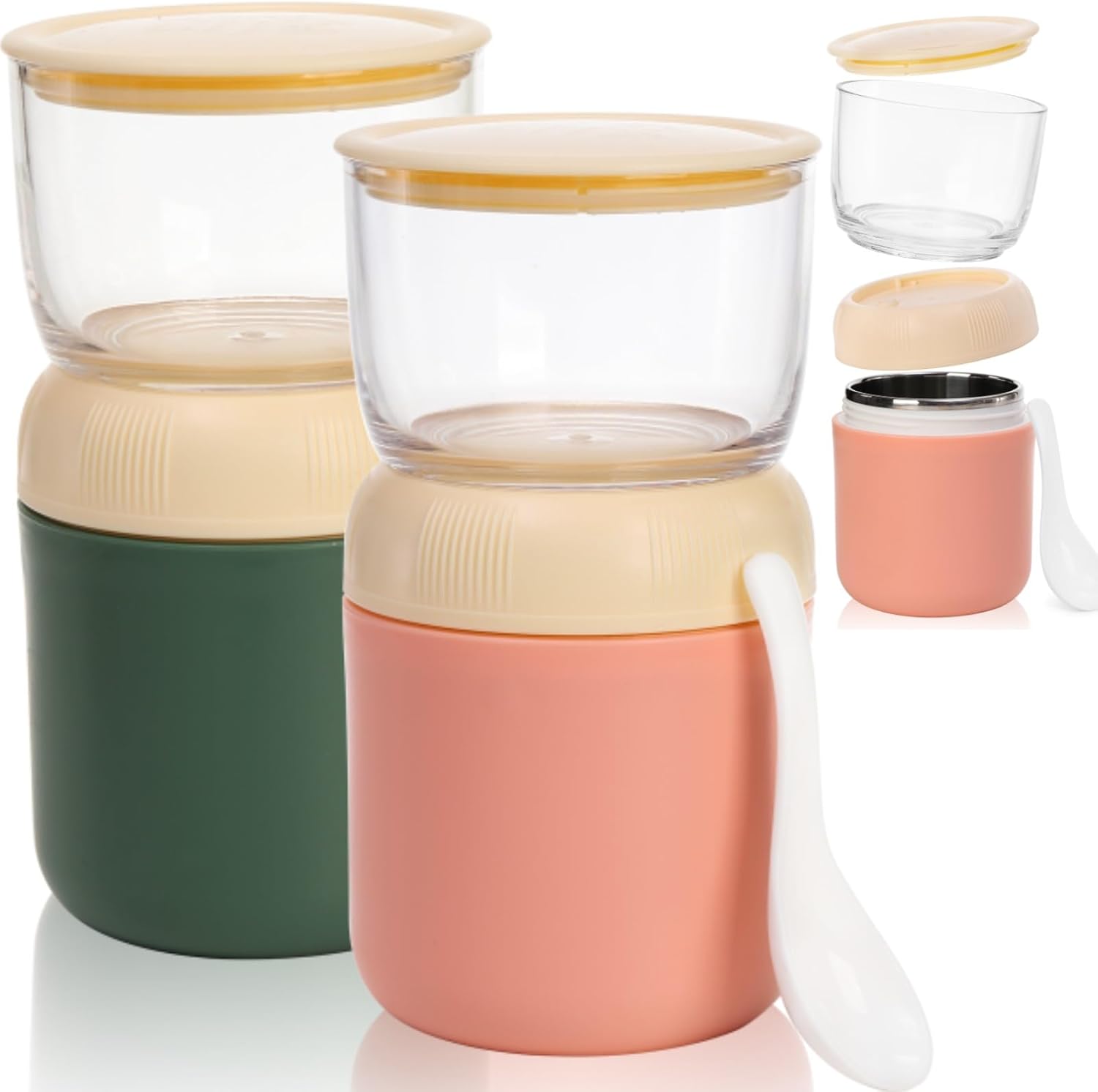 2 Pack Insulated Yogurt Container, 24oz Breakfast On the Go Cup with Plastic Topping Cereal Oatmeal Cup, 2-in-1 Food Storage Jar Lid and Spoon, Overnight Oats Container for Soup Lunch - Image 1