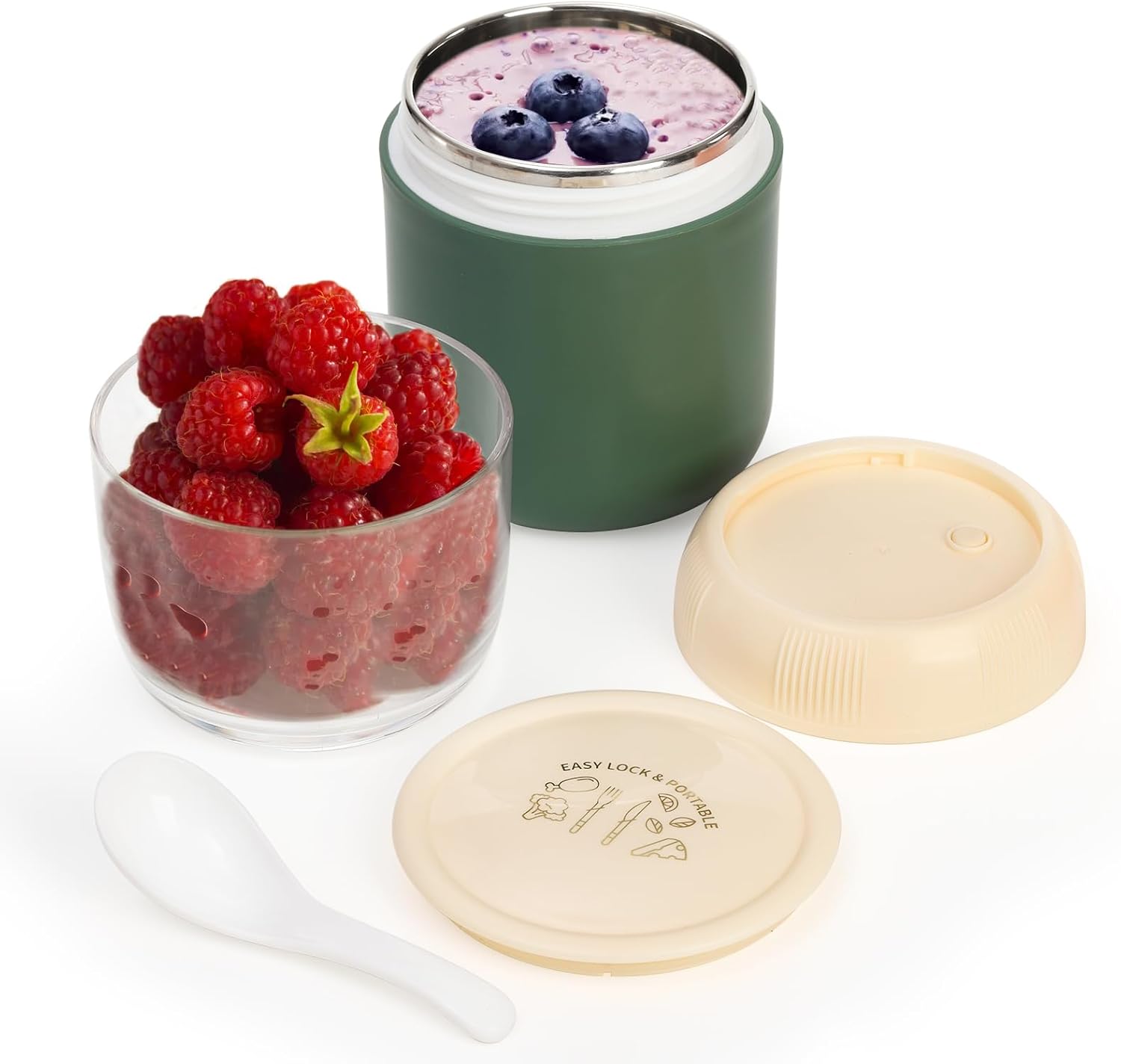 2 Pack Insulated Yogurt Container, 24oz Breakfast On the Go Cup with Plastic Topping Cereal Oatmeal Cup, 2-in-1 Food Storage Jar Lid and Spoon, Overnight Oats Container for Soup Lunch - Image 3