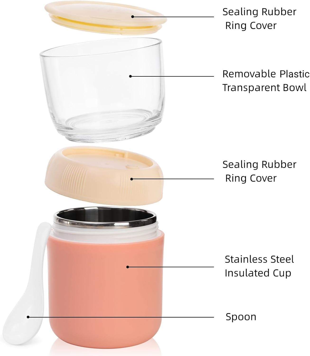 2 Pack Insulated Yogurt Container, 24oz Breakfast On the Go Cup with Plastic Topping Cereal Oatmeal Cup, 2-in-1 Food Storage Jar Lid and Spoon, Overnight Oats Container for Soup Lunch - Image 5