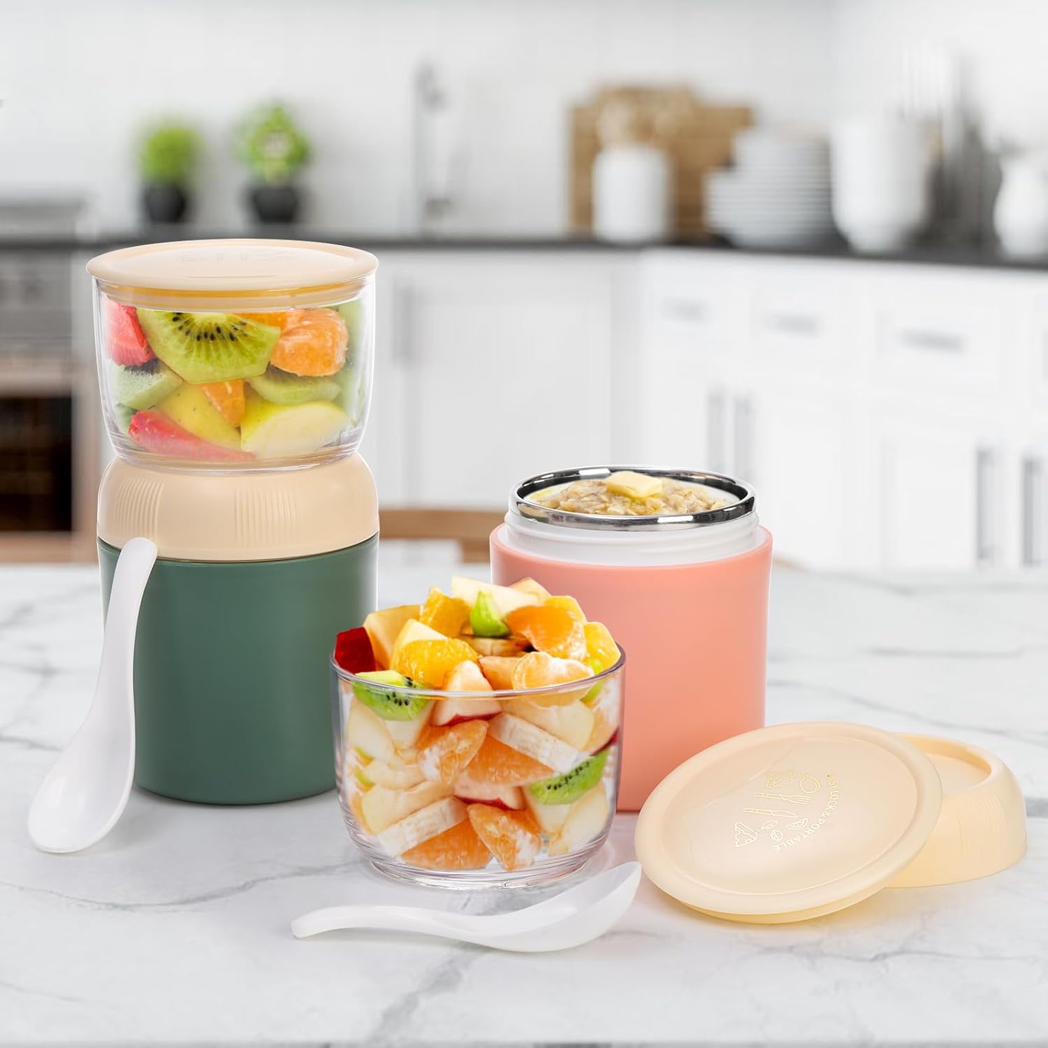 2 Pack Insulated Yogurt Container, 24oz Breakfast On the Go Cup with Plastic Topping Cereal Oatmeal Cup, 2-in-1 Food Storage Jar Lid and Spoon, Overnight Oats Container for Soup Lunch - Image 6