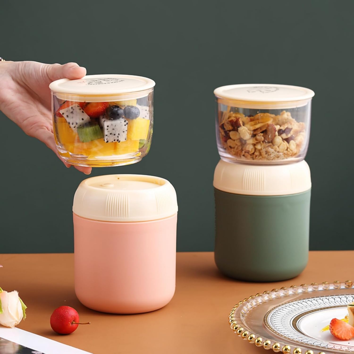 2 Pack Insulated Yogurt Container, 24oz Breakfast On the Go Cup with Plastic Topping Cereal Oatmeal Cup, 2-in-1 Food Storage Jar Lid and Spoon, Overnight Oats Container for Soup Lunch - Image 8