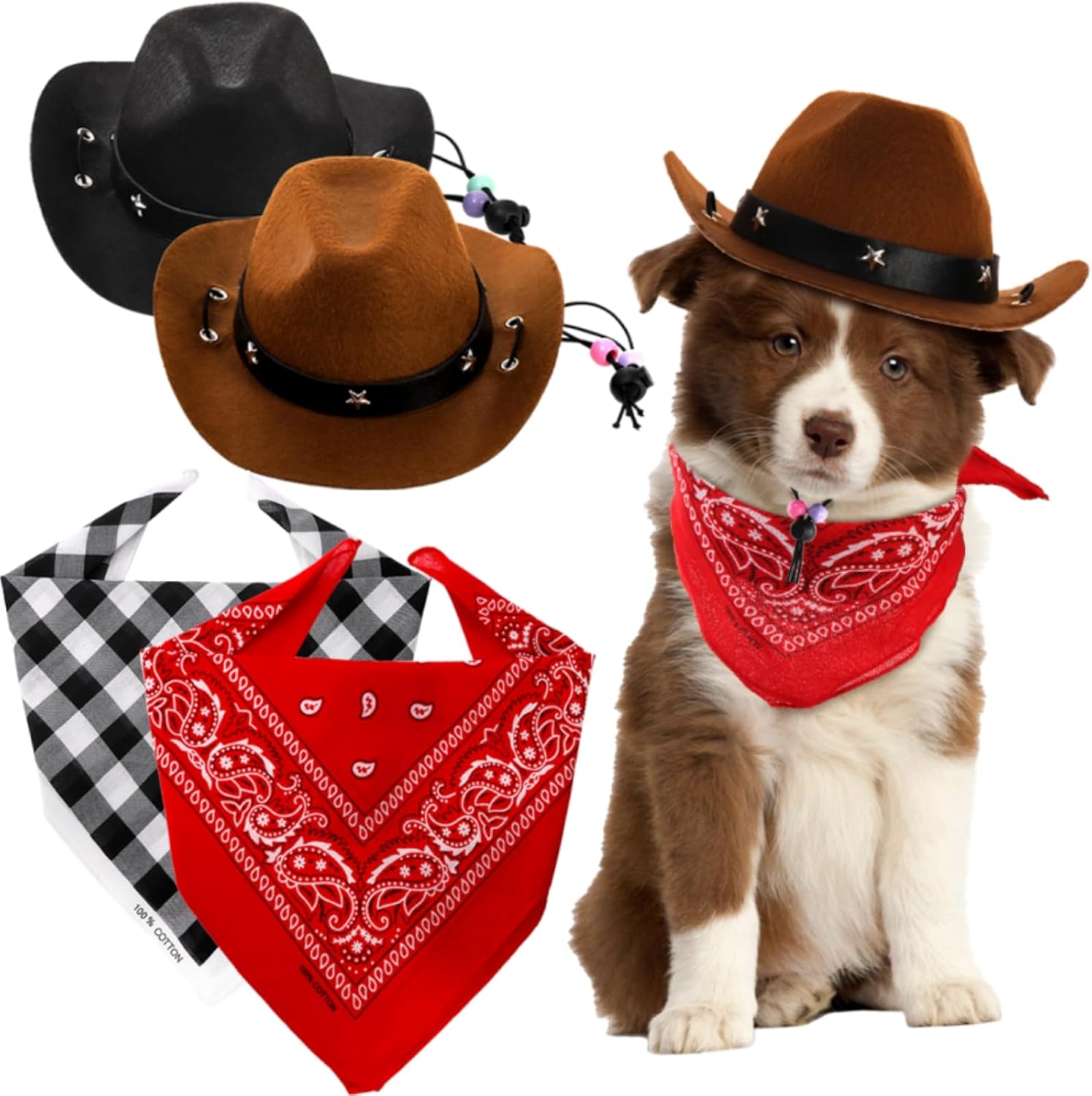 4 Pack Pet Cowboy Costume Accessories Set, 2 Pcs Hat and Bandana Scarf, Puppy Kitten Halloween Christmas Costume, West Party Cosplay Wearing for Cats Small Dogs - Image 1