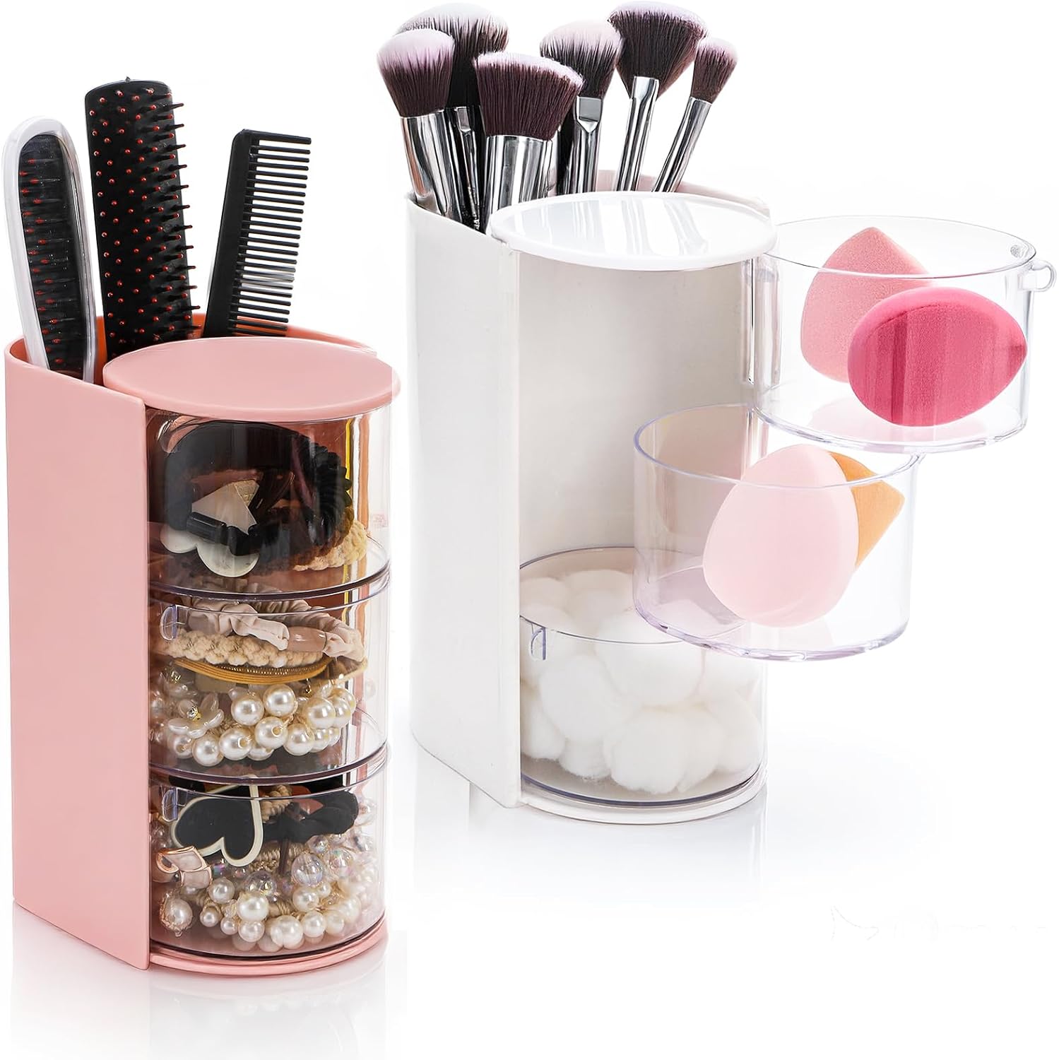 2 Pack Hair Brush Holders, 3-layer Rotatable Tie Organizer, Clear Acrylic Accessories Storage Box for Girls, Bathroom Makeup Container Case Headband Bow Clip Cotton Swab - Image 1