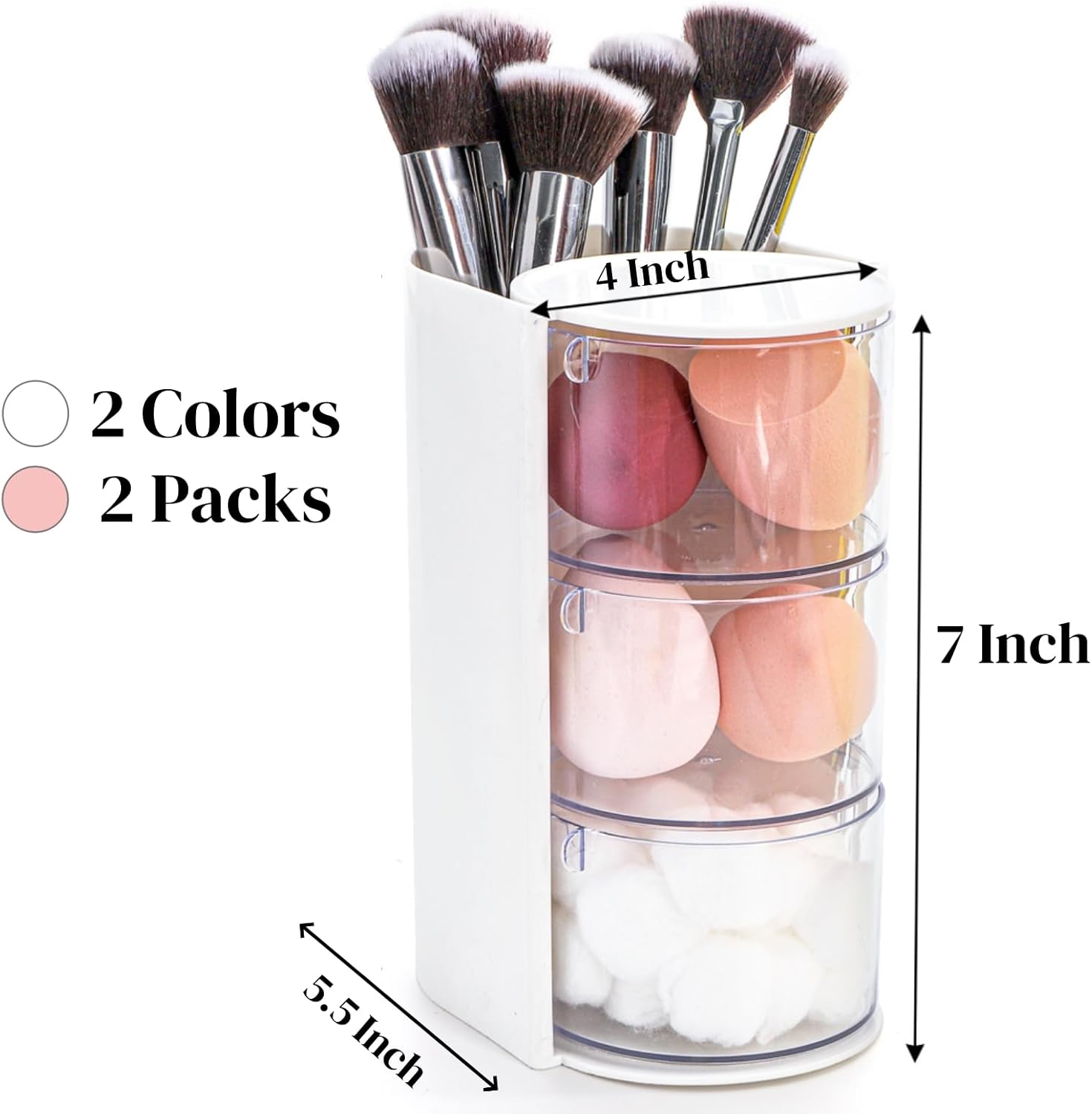 2 Pack Hair Brush Holders, 3-layer Rotatable Tie Organizer, Clear Acrylic Accessories Storage Box for Girls, Bathroom Makeup Container Case Headband Bow Clip Cotton Swab - Image 2