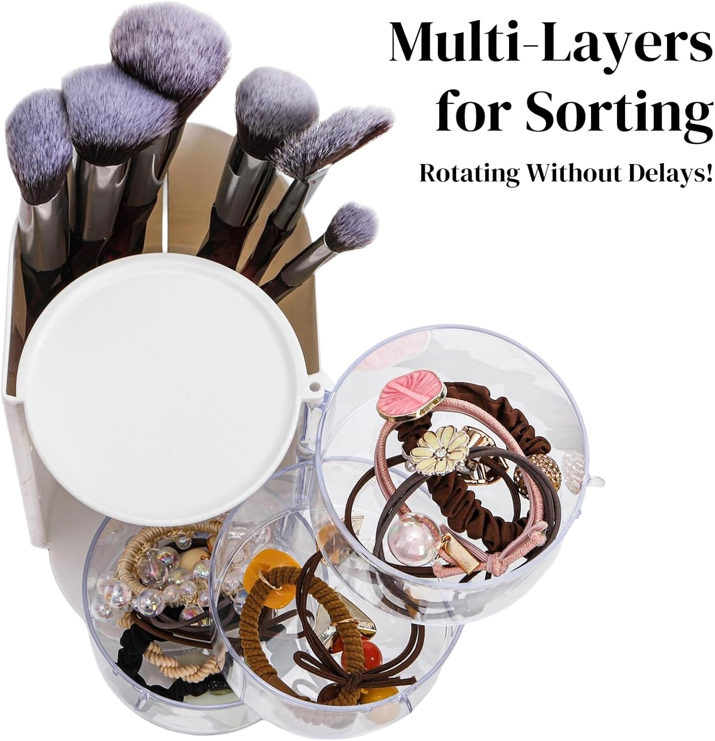 2 Pack Hair Brush Holders, 3-layer Rotatable Tie Organizer, Clear Acrylic Accessories Storage Box for Girls, Bathroom Makeup Container Case Headband Bow Clip Cotton Swab - Image 3