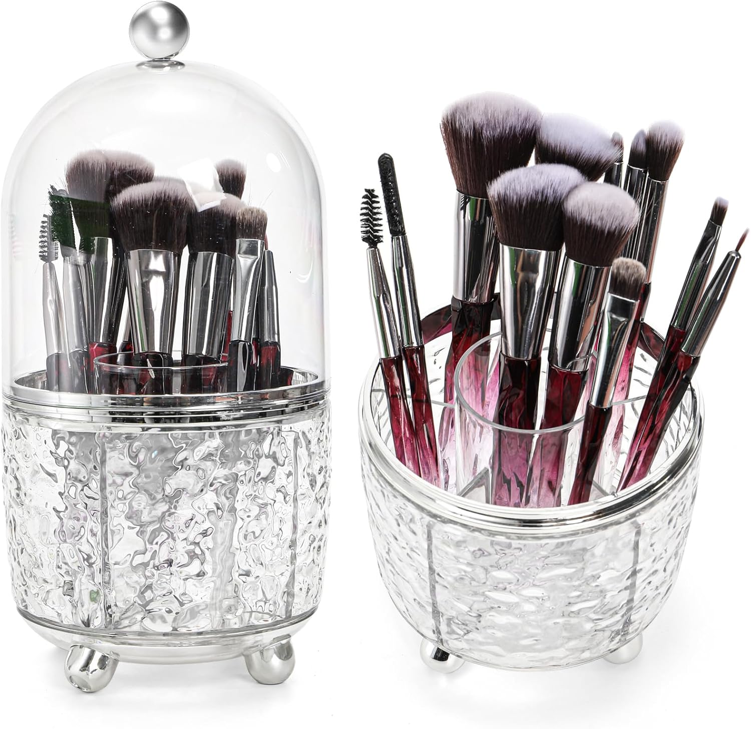 Rotating Makeup Brush Holder, Dustproof Cosmetic Tools Organizer with Lid, 360° Spinning Covered Brushes Storage Anti-slip Pads for Vanity, Bathroom Countertop & Bedside Table, Clear - Image 1