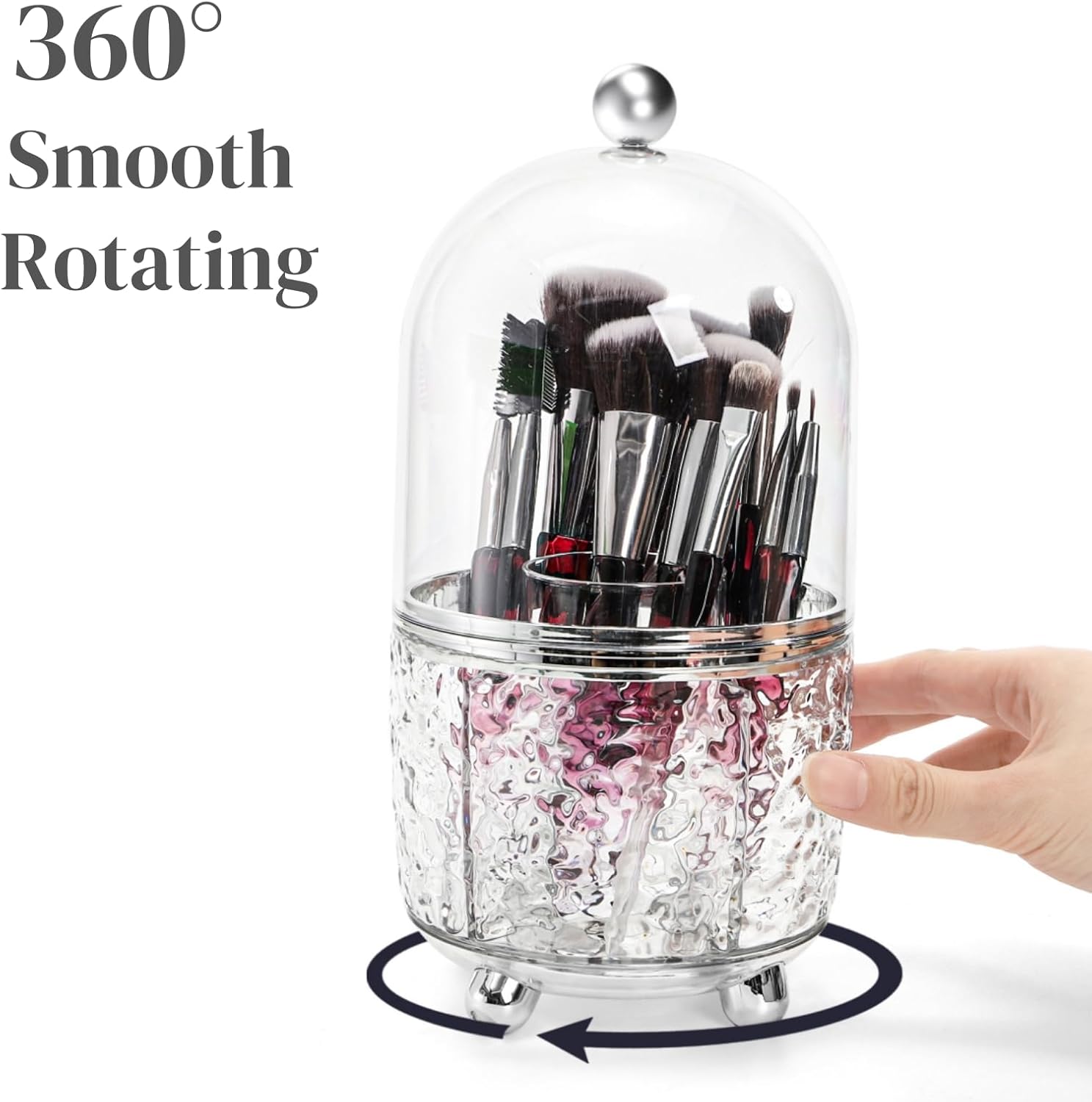 Rotating Makeup Brush Holder, Dustproof Cosmetic Tools Organizer with Lid, 360° Spinning Covered Brushes Storage Anti-slip Pads for Vanity, Bathroom Countertop & Bedside Table, Clear - Image 3