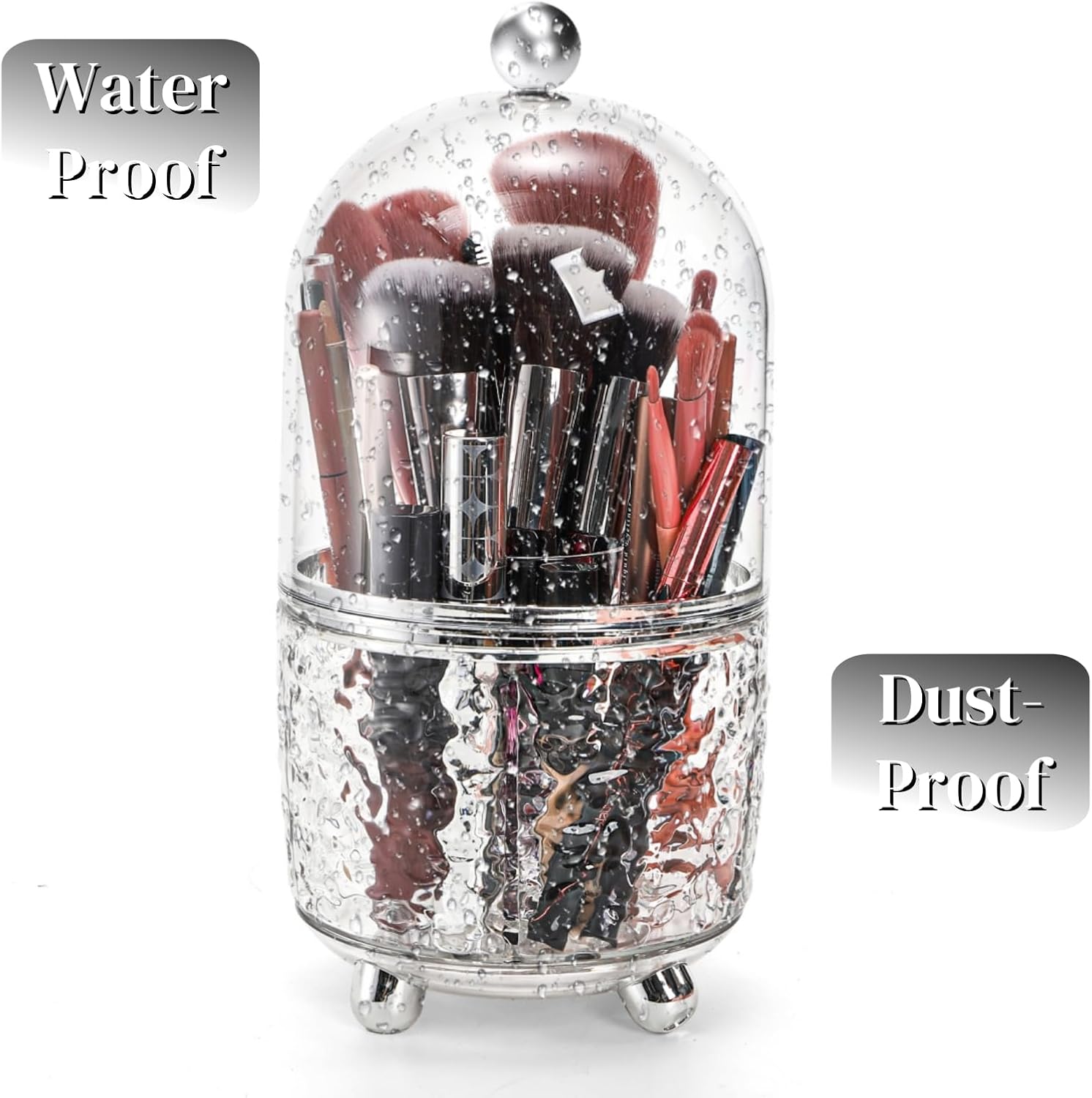 Rotating Makeup Brush Holder, Dustproof Cosmetic Tools Organizer with Lid, 360° Spinning Covered Brushes Storage Anti-slip Pads for Vanity, Bathroom Countertop & Bedside Table, Clear - Image 4