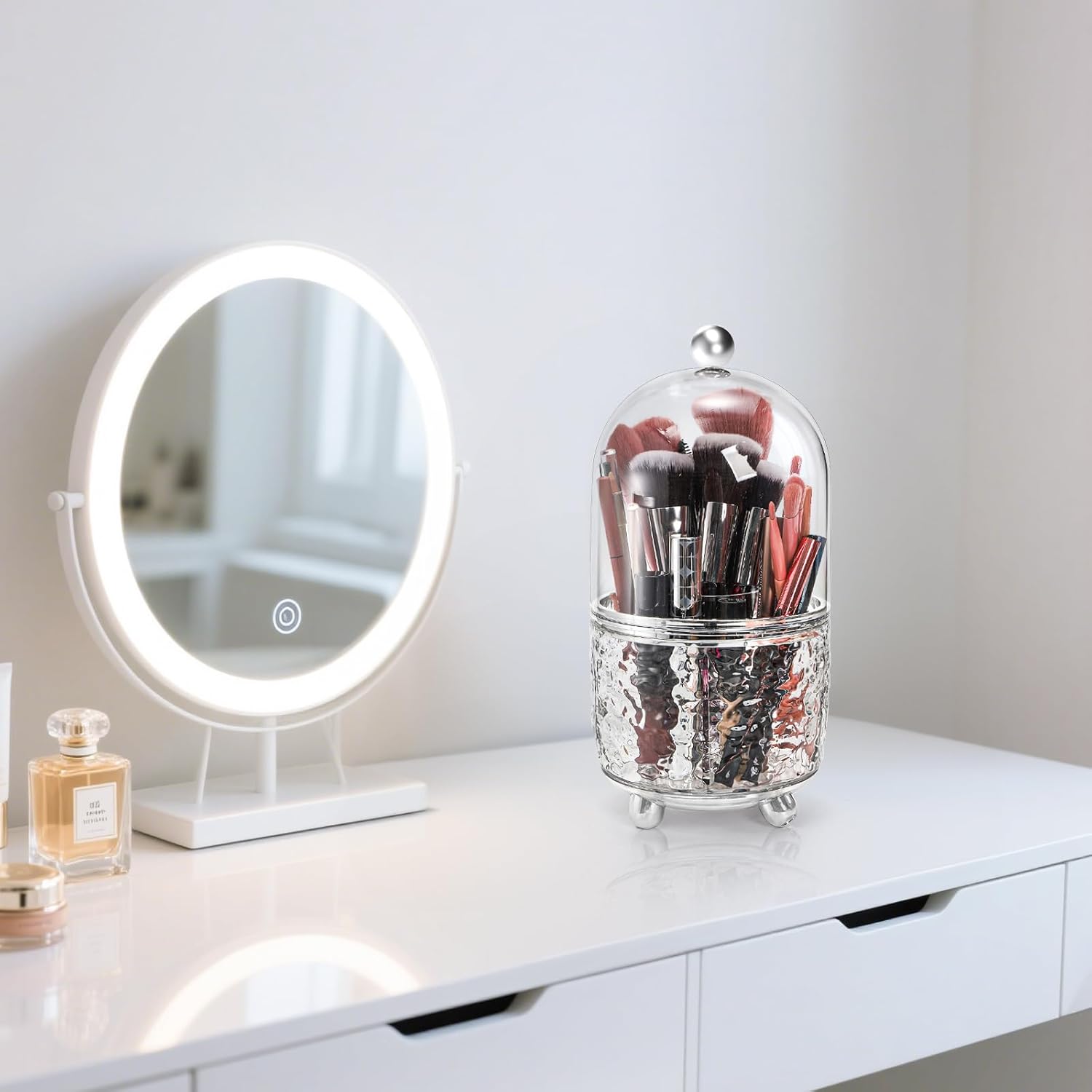Rotating Makeup Brush Holder, Dustproof Cosmetic Tools Organizer with Lid, 360° Spinning Covered Brushes Storage Anti-slip Pads for Vanity, Bathroom Countertop & Bedside Table, Clear - Image 6