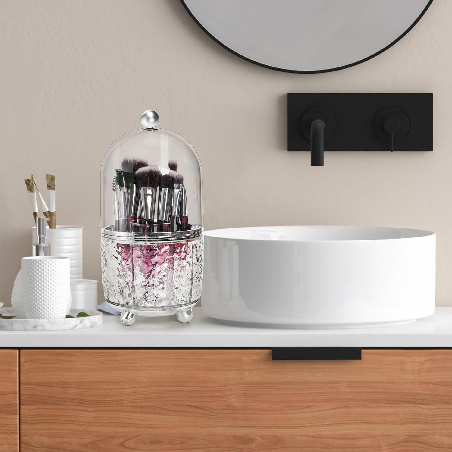 Rotating Makeup Brush Holder, Dustproof Cosmetic Tools Organizer with Lid, 360° Spinning Covered Brushes Storage Anti-slip Pads for Vanity, Bathroom Countertop & Bedside Table, Clear - Image 7