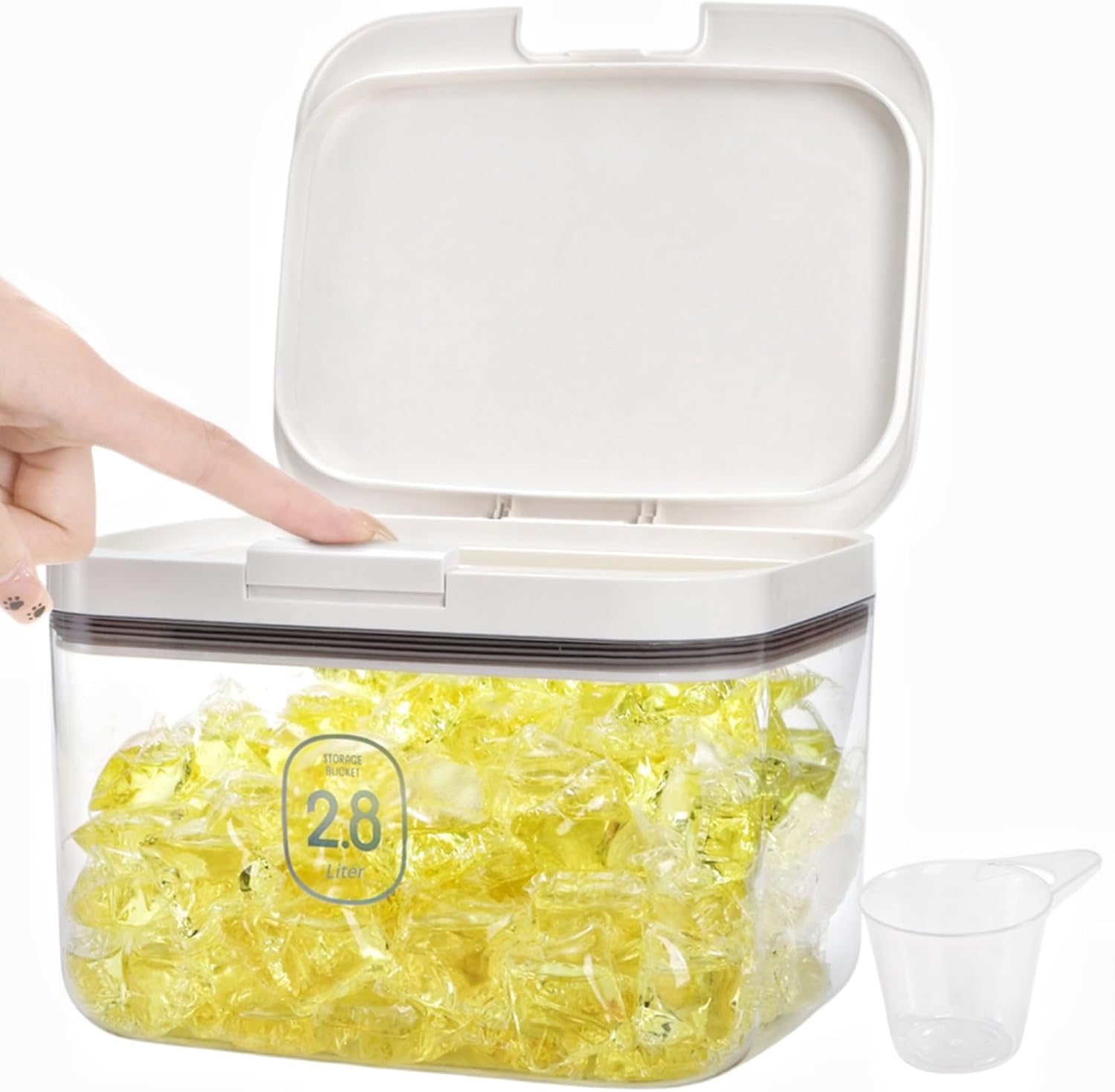 94 OZ/2.8L Laundry Pods Container, One-Press Lid Powder Holder Dispenser, Clear PET Detergent Sheet Organizer with Measuring Cup for Booster Beads, Dryer Balls, Flour, Pet Food - Image 1