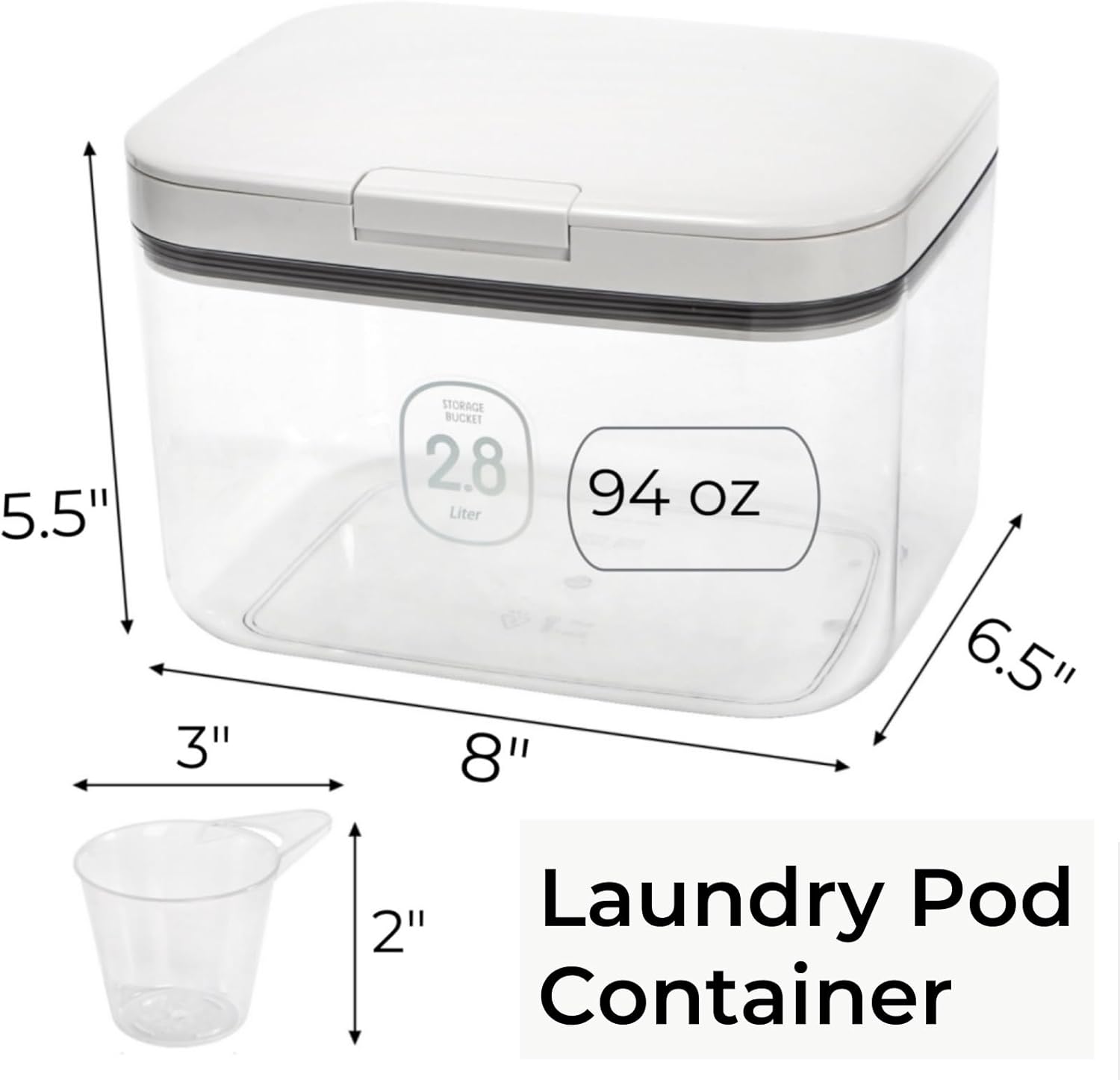 94 OZ/2.8L Laundry Pods Container, One-Press Lid Powder Holder Dispenser, Clear PET Detergent Sheet Organizer with Measuring Cup for Booster Beads, Dryer Balls, Flour, Pet Food - Image 2