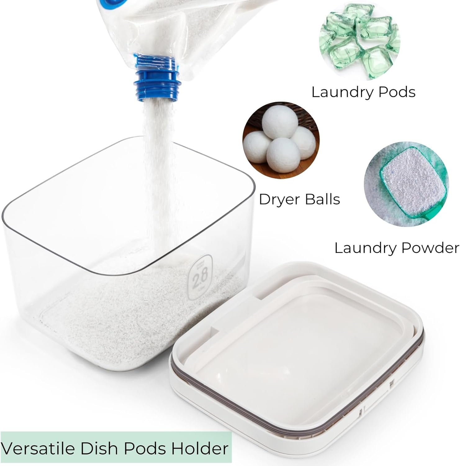 94 OZ/2.8L Laundry Pods Container, One-Press Lid Powder Holder Dispenser, Clear PET Detergent Sheet Organizer with Measuring Cup for Booster Beads, Dryer Balls, Flour, Pet Food - Image 5
