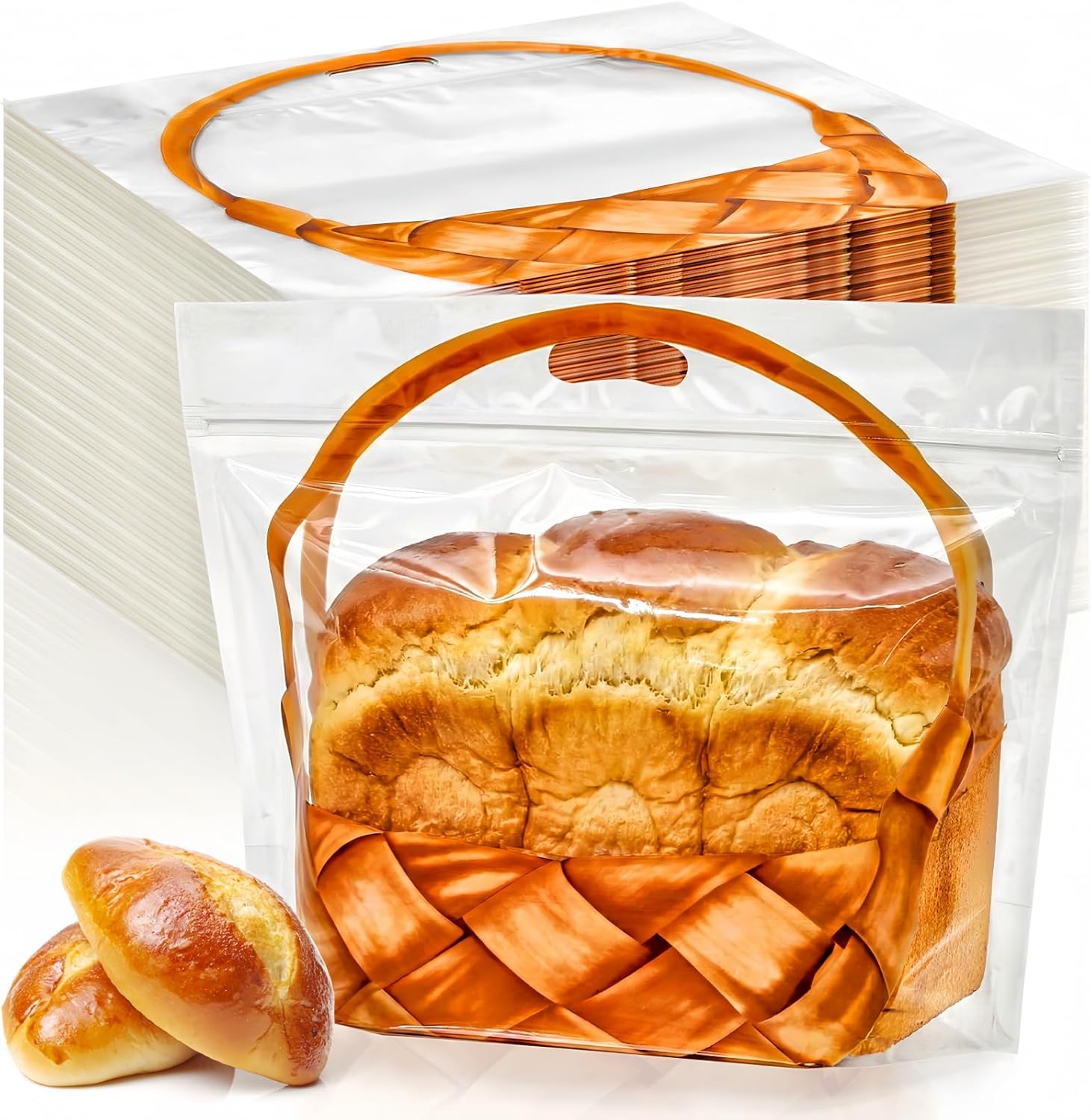 100 Pack Clear Plastic Bread Bags with Handle, 12.5 x 10.4 Inch Large Zipper Toast Bag, Portable Loaf Sealing Basket Pattern, Sourdough Packaging Organizer for Cookie Bakery - Image 1