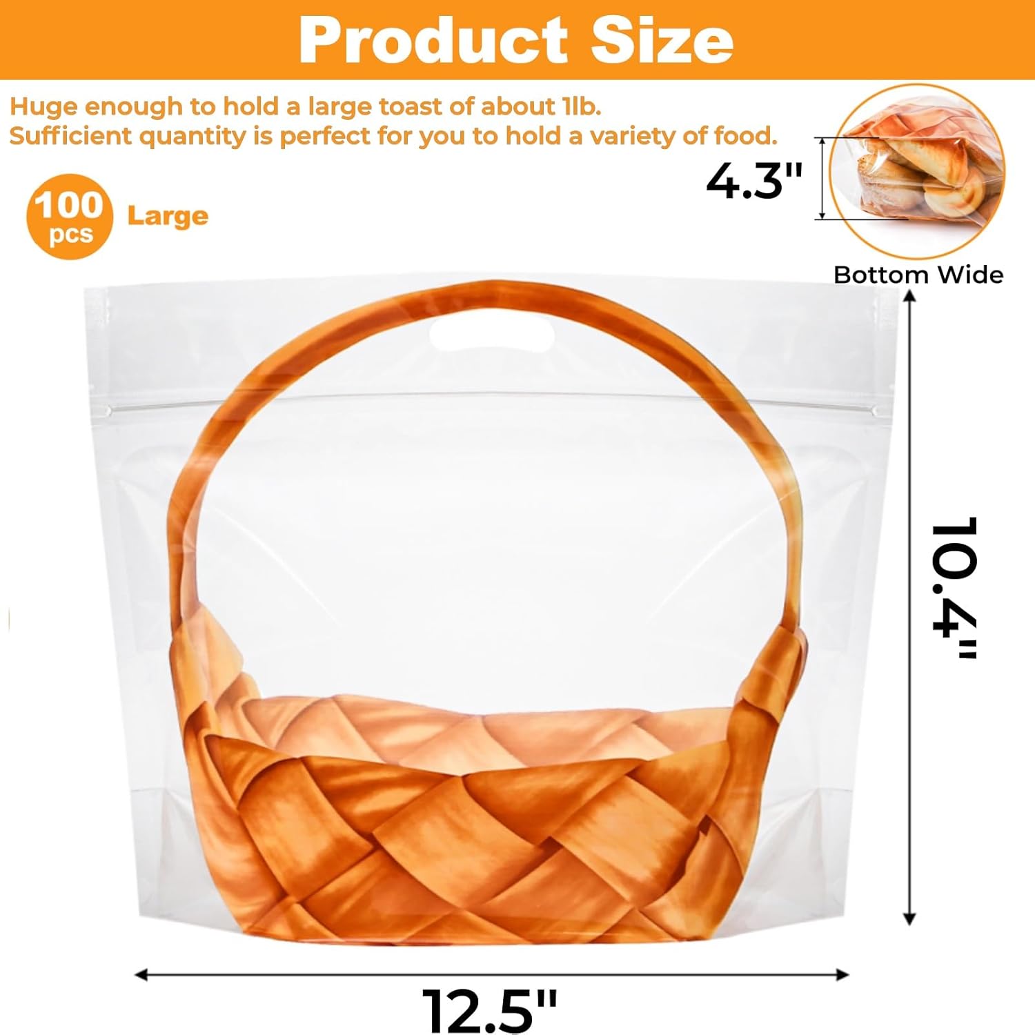 100 Pack Clear Plastic Bread Bags with Handle, 12.5 x 10.4 Inch Large Zipper Toast Bag, Portable Loaf Sealing Basket Pattern, Sourdough Packaging Organizer for Cookie Bakery - Image 2