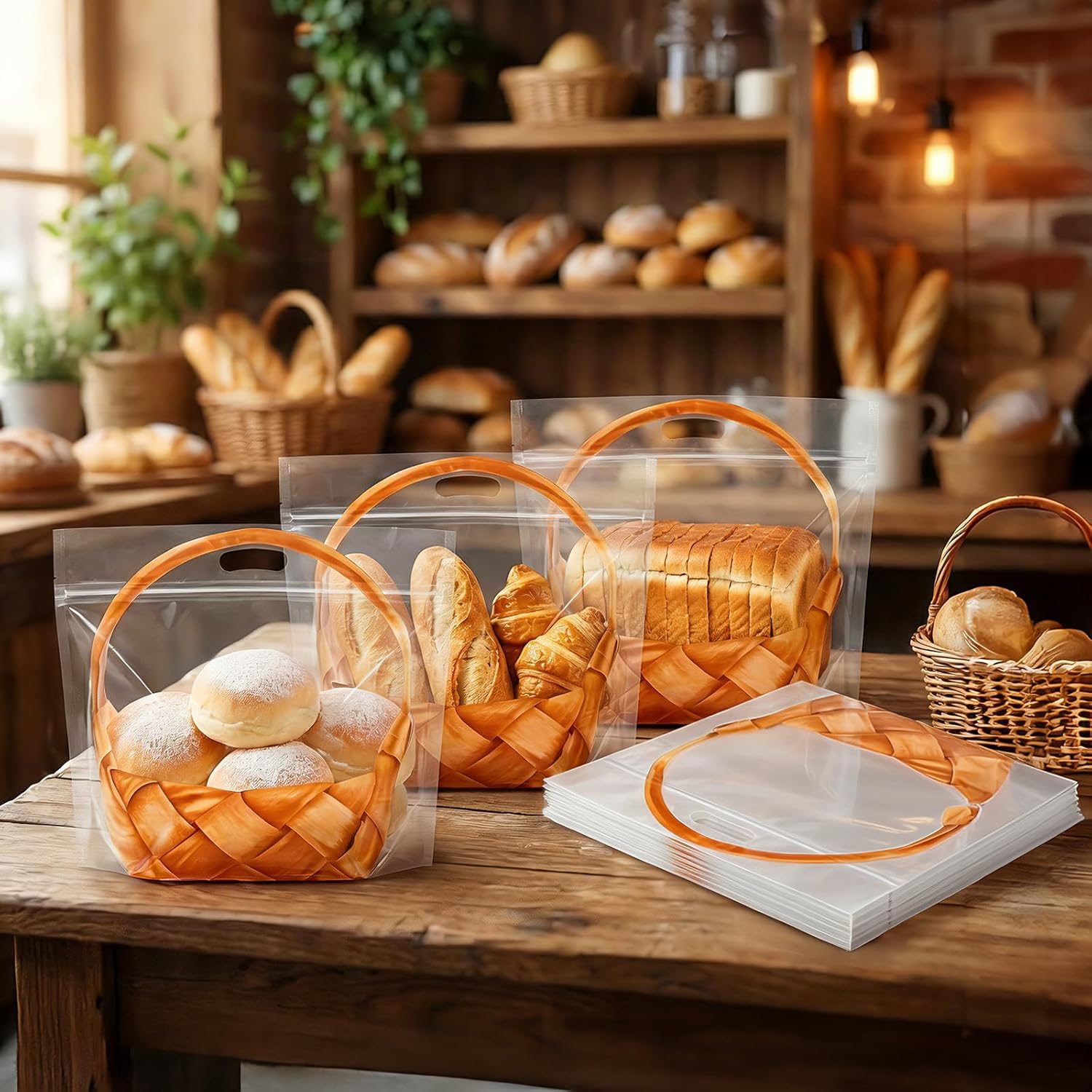 100 Pack Clear Plastic Bread Bags with Handle, 12.5 x 10.4 Inch Large Zipper Toast Bag, Portable Loaf Sealing Basket Pattern, Sourdough Packaging Organizer for Cookie Bakery - Image 6