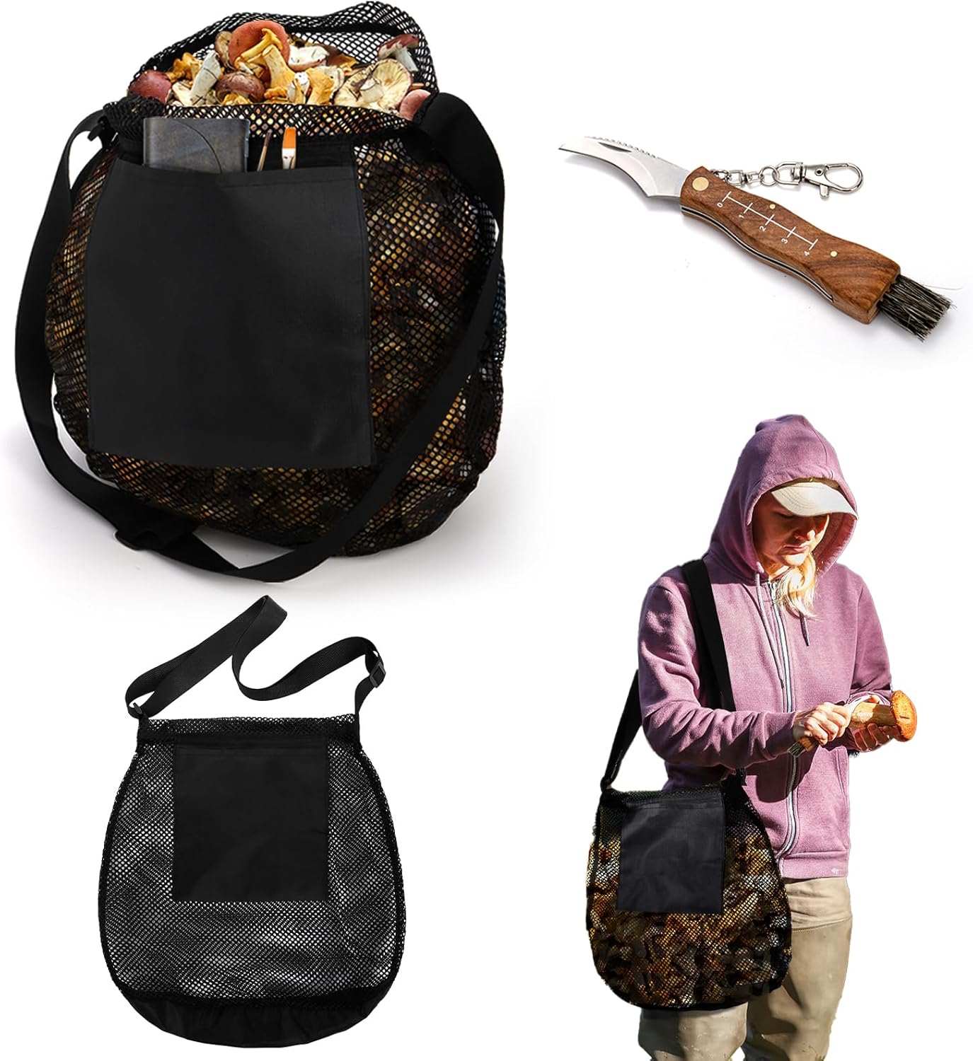 Foraging Bag, 2 Pcs Mushroom Kit with Bag and Foldable Knife, Morel Picking Basket, Practical Collecting Supplies Tools for Decor Lovers - Image 1