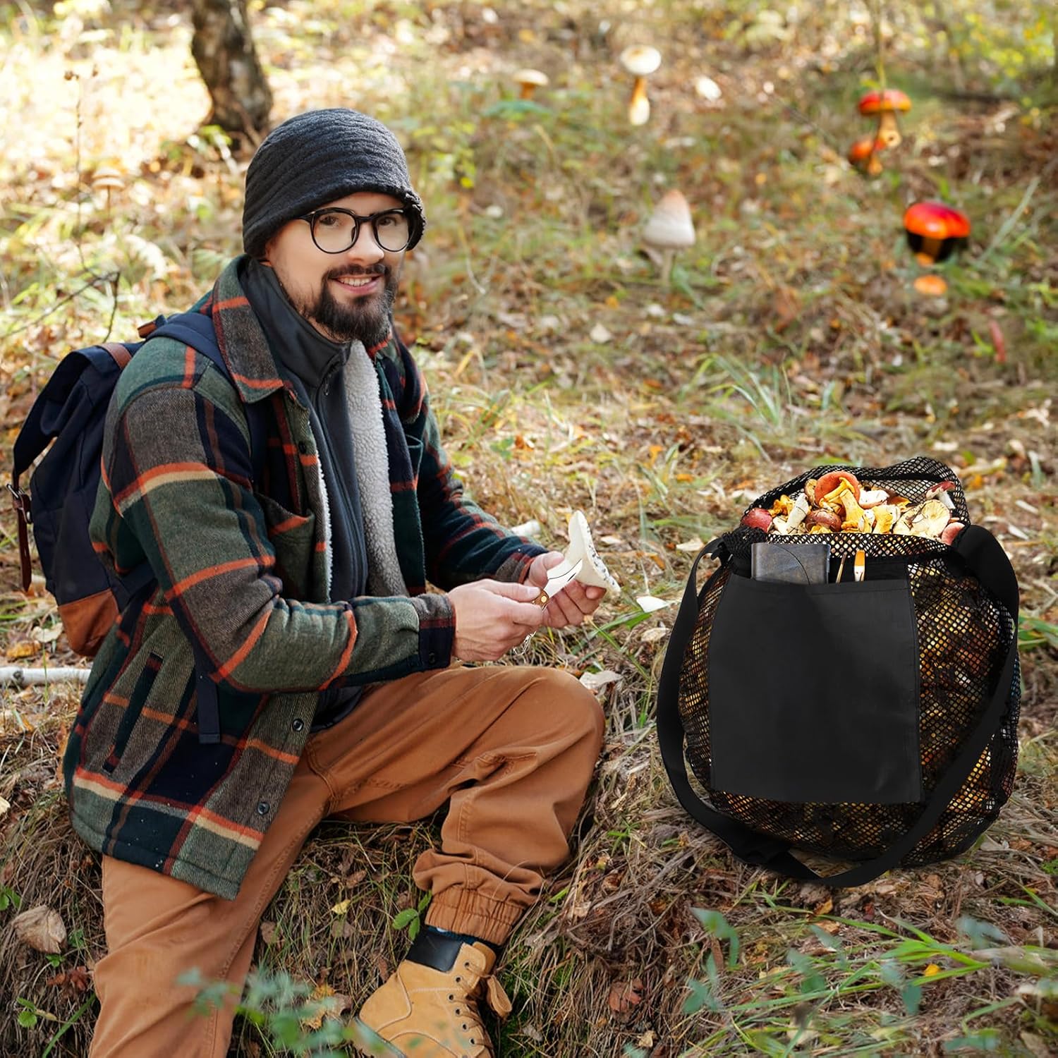 Foraging Bag, 2 Pcs Mushroom Kit with Bag and Foldable Knife, Morel Picking Basket, Practical Collecting Supplies Tools for Decor Lovers - Image 6