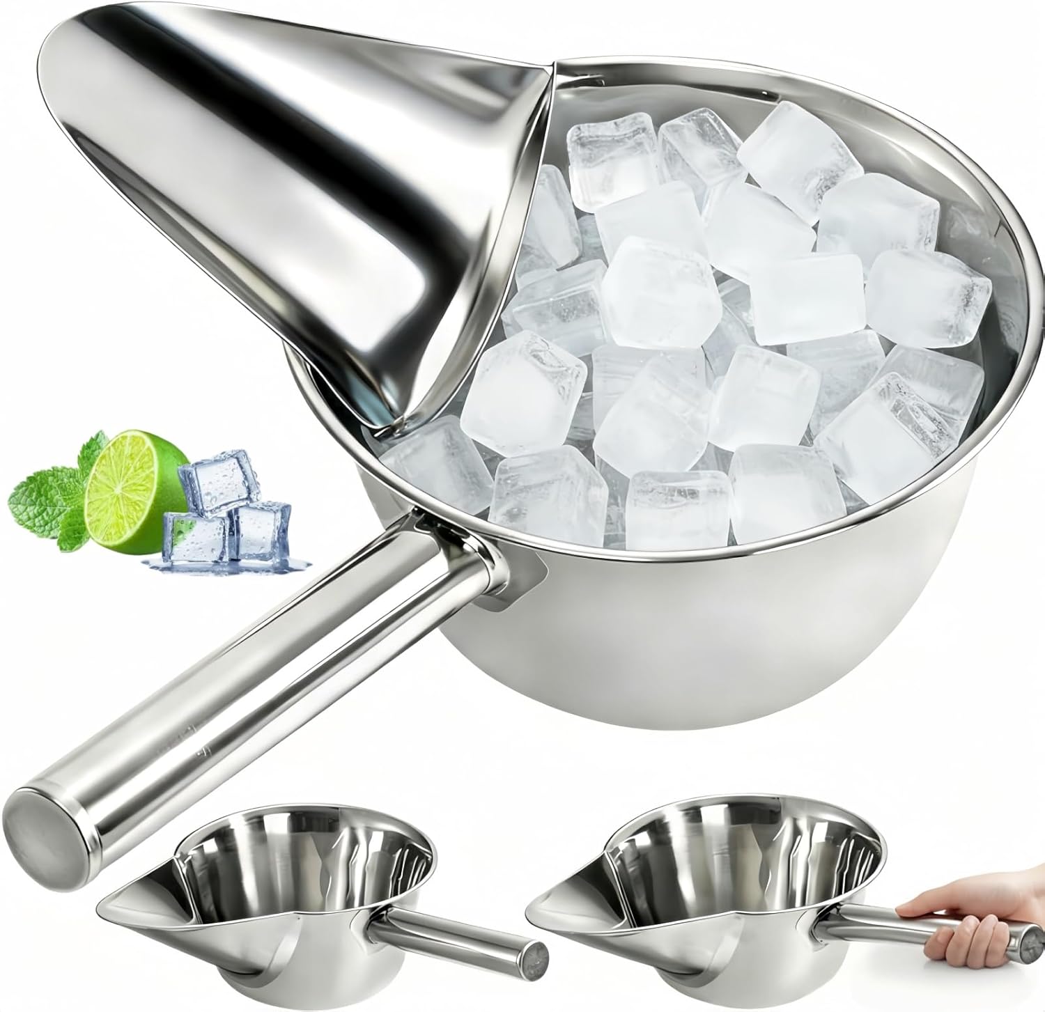 2 Pack 55 OZ Metal Ice Scoop, Large Stainless Steel Scooper, Heavy-Duty Flat Bottom Scoops, Stackable Durable Feed Grain Scoop for Restaurant, Kitchen, Bulk Food, Farm Feed, 1.72 Quart - Image 1