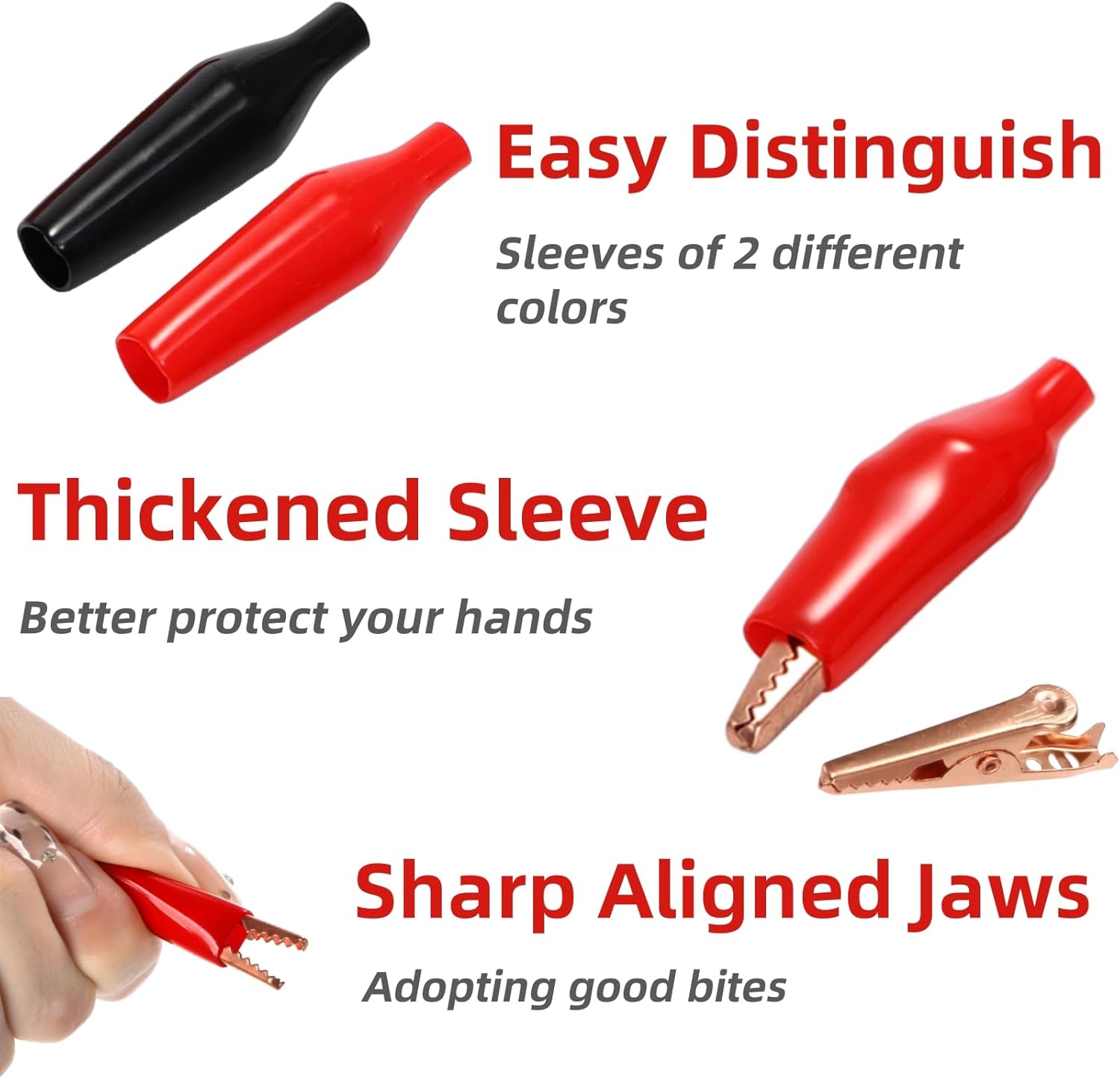 30 Packs Copper Alligator Electric Clips, Electrical Test Gator Jumper with Protective Insulation Cover, Crocodile Clamps Aligned Jaws for Solder Circuit Link, Black and Red - Image 3
