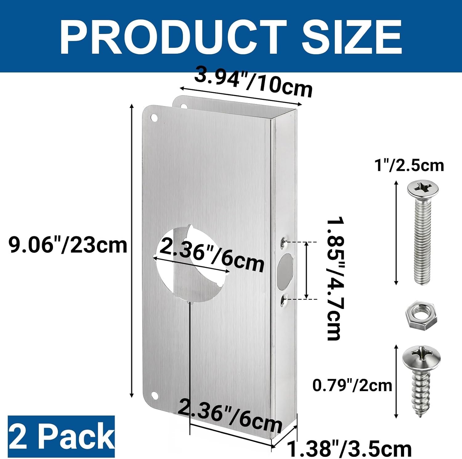 2 Pack Door Reinforcement Plates, Stainless Steel Lock and Reinforcer, Repair Plate for Exterior Door, Jamb Plates Security, 1-3/8
