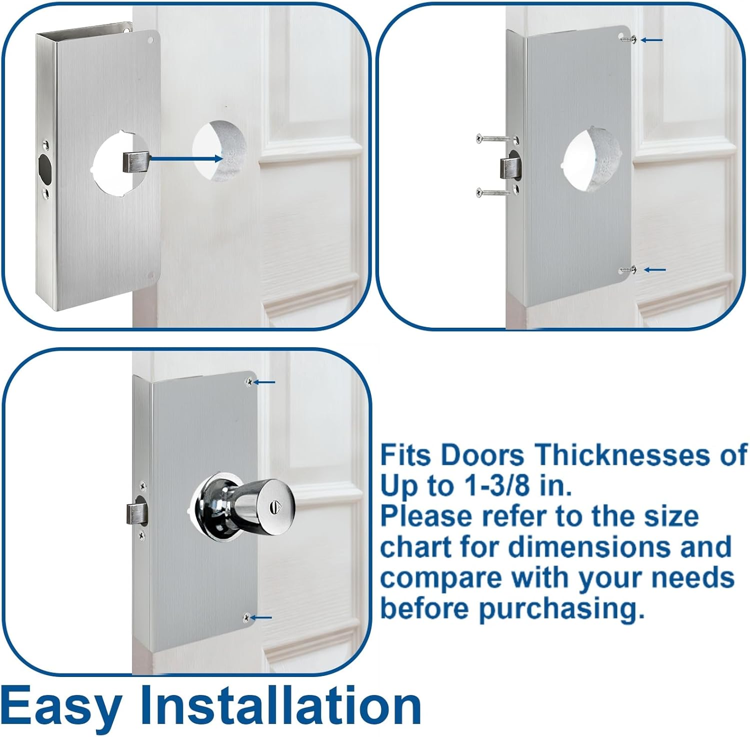 2 Pack Door Reinforcement Plates, Stainless Steel Lock and Reinforcer, Repair Plate for Exterior Door, Jamb Plates Security, 1-3/8
