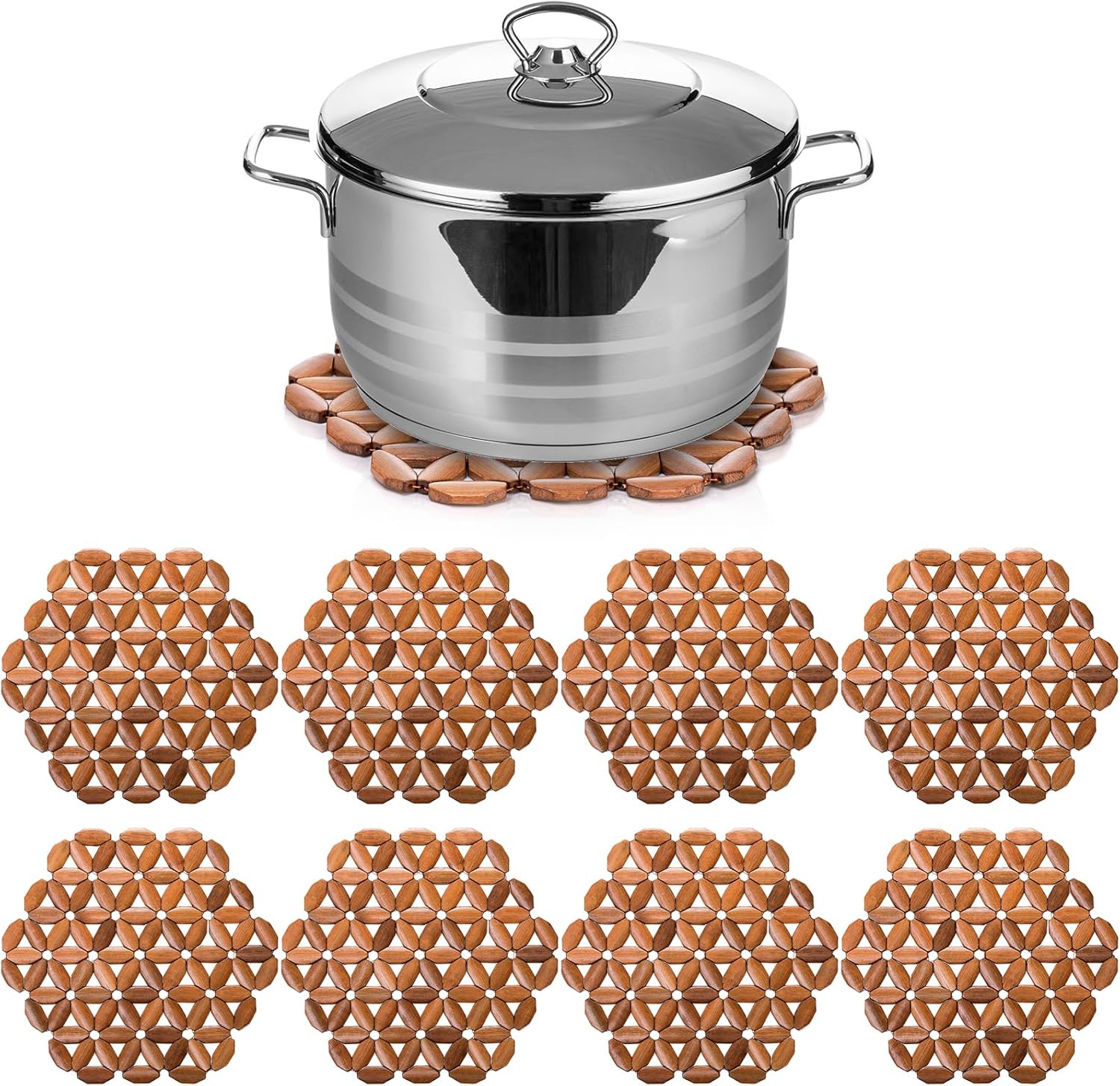 8 Pack Bamboo Trivet Mat, Hot Plate Pad, Heat Resistant Table Counter Protector, Coaster for Tea Coffee Pot Plates Pans Bowls, Festive Design Décor, Kitchen Gift Idea - Image 1