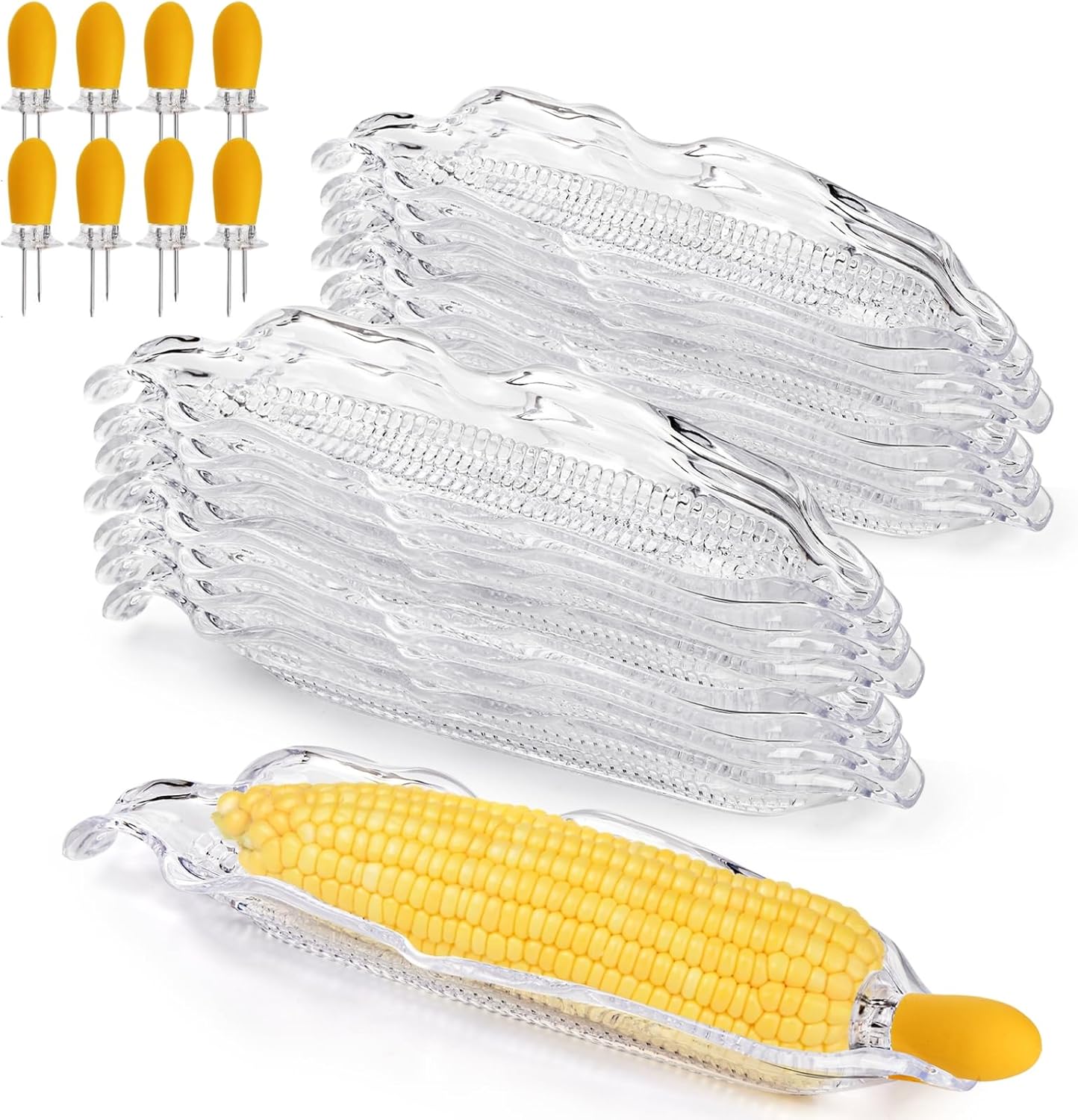 18 Pcs Corn Dish Set, Clear Plastic Tray with 8 Cob Holders, Transparent on The Dinnerware Barbecue Service Stainless Steel Skewer Needle for Sweet Butter - Image 1