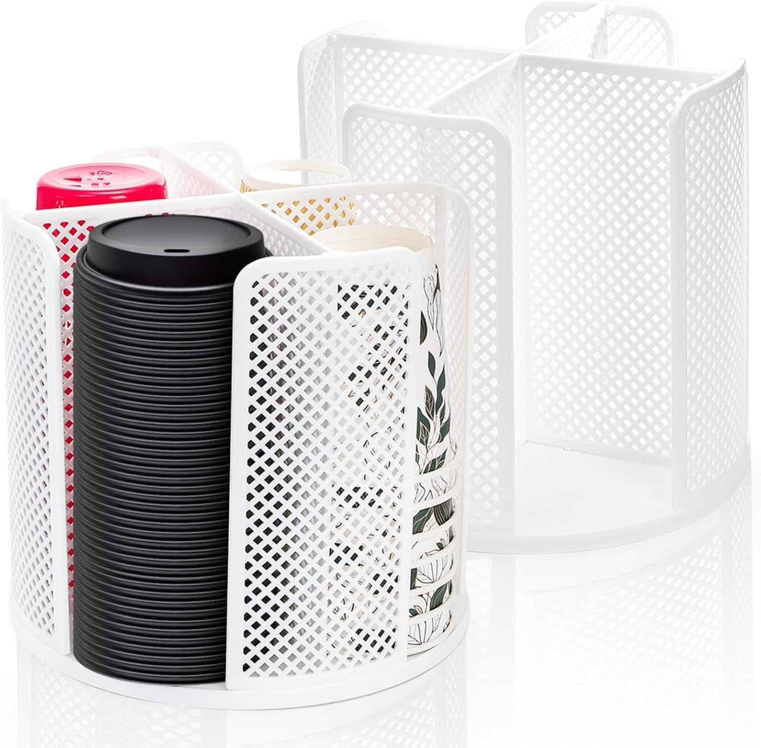 2 Pack Paper Cup & Lid Holder, Rotating Coffee Cups Dispenser with 4 Compartments, Plastic Disposable Storage Organizer for Countertop Bathroom Station Bar Kitchen Office (White) - Image 1
