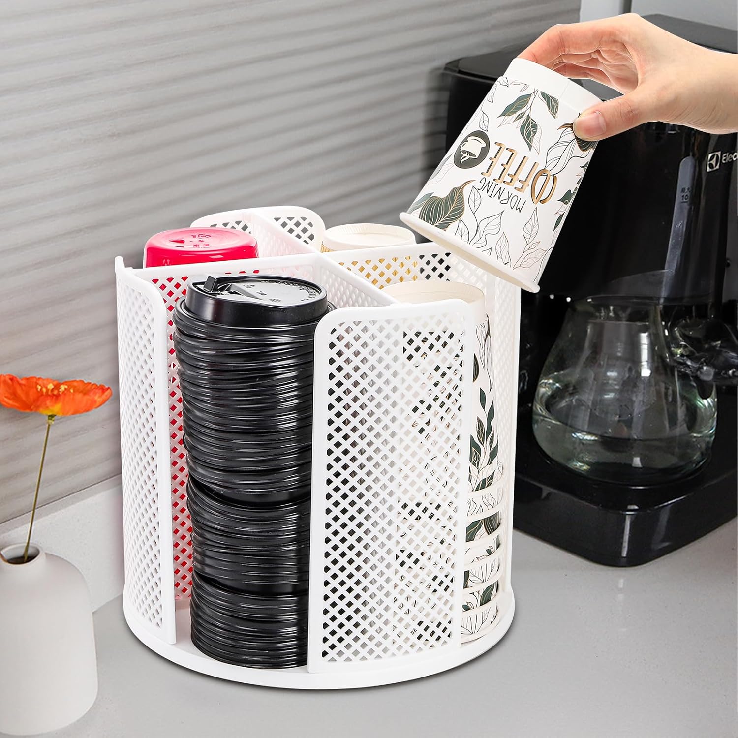 2 Pack Paper Cup & Lid Holder, Rotating Coffee Cups Dispenser with 4 Compartments, Plastic Disposable Storage Organizer for Countertop Bathroom Station Bar Kitchen Office (White) - Image 6