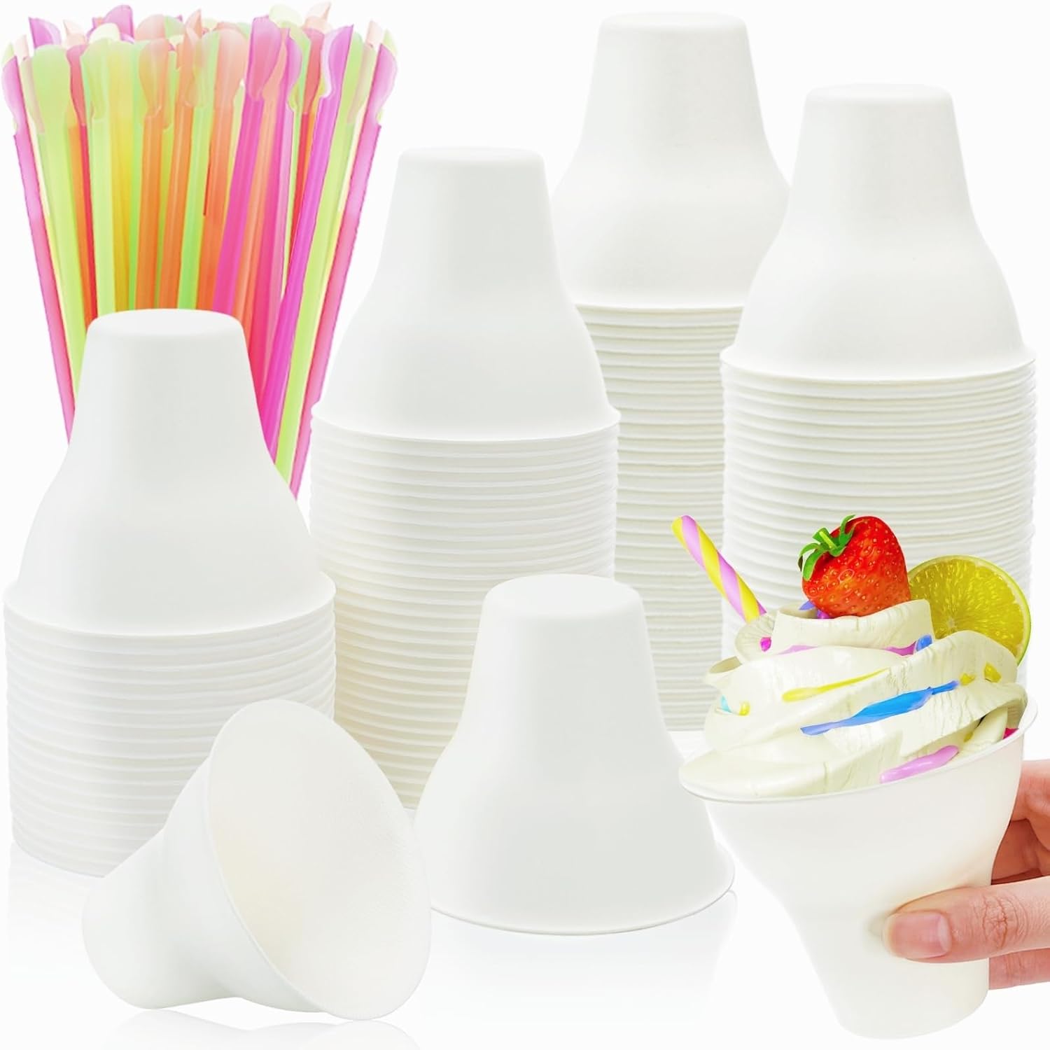 100 Pack Snow Cone Cups and Straws, 12 OZ Paper Cup with Colorful Spoon Straw, Leak-proof Shaved Ice Holder, Disposable Cream Bowls for Party Event Water Cooler - Image 1
