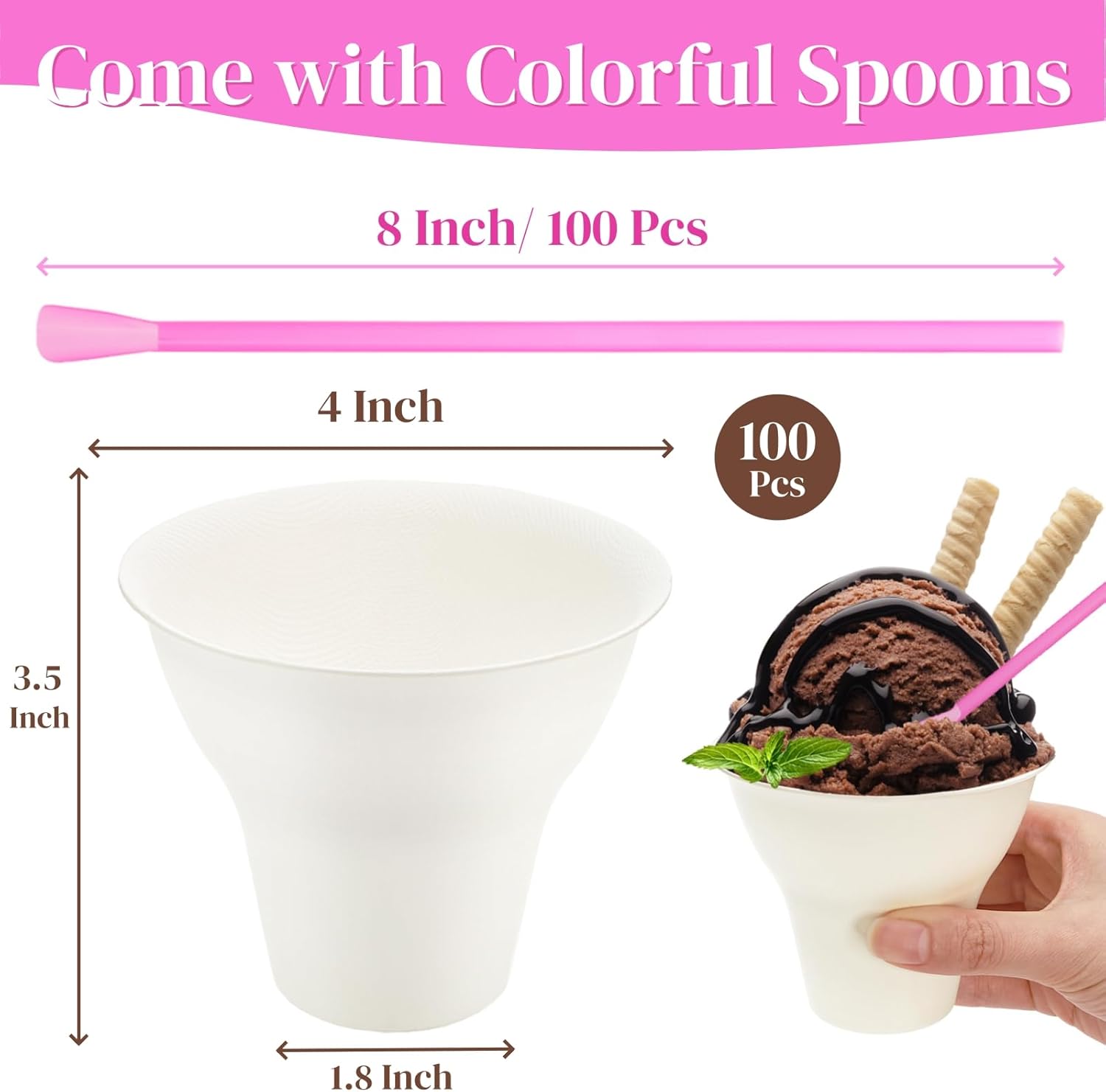 100 Pack Snow Cone Cups and Straws, 12 OZ Paper Cup with Colorful Spoon Straw, Leak-proof Shaved Ice Holder, Disposable Cream Bowls for Party Event Water Cooler - Image 2